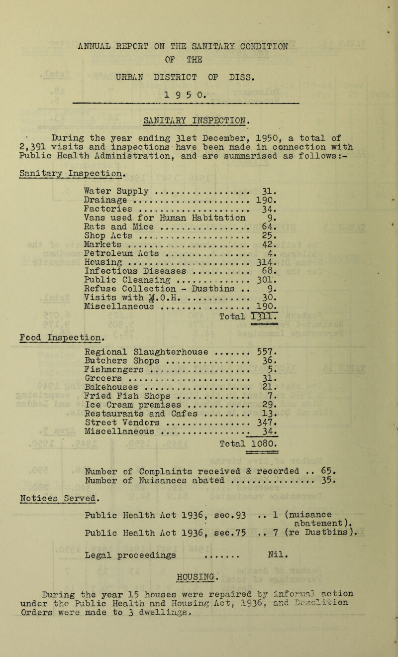 OP THE URBAN DISTRICT OP DISS. 1 9 5 0. SANITARY INSPECTION. During the year ending 31st December, 1950, a total of 2,391 visits and inspections have been made in connection with Public Health Administration, and are summarised as follows Sanitary Inspection. • 0*9 Water Supply ...., Drainage Pactories Vans used for Human Habitation Rats and Mice ..... Shop Acts ......... Markets Petroleum Acts .... Housing ........... Infectious Diseases Public Cleansing ........... Refuse Collection - Dustbins Visits with |^.0.H. ......... Miscellaneous 31. 190. 34. 9. 64. 25. 42. 4. 314. 68. 301. 9. 30. 190. Total 1311. Food Inspection. Regional Slaughterhouse ....... 557. Butchers Shops ................ 30. Fishmongers 5. Grocers ....................... 31* Bakehouses 21. Pried Pish Shops .............. 7. Ice Cream premises ............ 29. Restaurants and Cafes ......... 13. Street Vendors 347. Miscellaneous 34. Total 1080. Number of Complaints received & recorded .. 65. Number of Nuisances abated 35. Notices Served. Public Health Act 1930, sec.93 .. 1 (nuisance abatement). Public Health Act 1930, sec,75 .. 7 (re Dustbins). Legal proceedings Nil. HOUSING. During the year 15 houses were repaired by informal action under the .Public Health and Housing Act, ..930, and Doicoli.tion Orders were made to 3 dwellings.