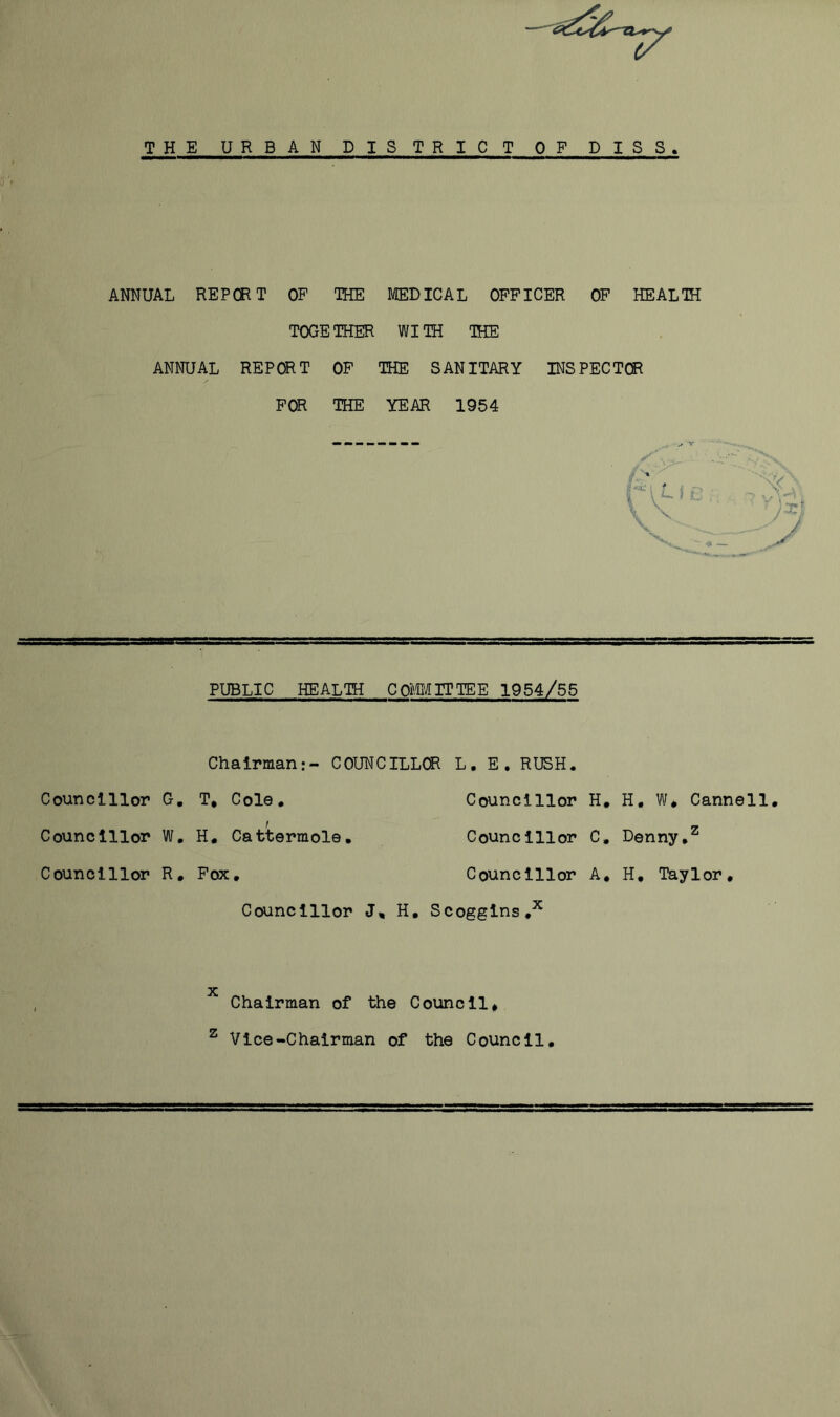 T HE UR B AN DISTRICT OP D I S S . ANNUAL REPORT OP THE WEDICAL OPPICER OP HEALTH TOGETHER WITH IHE ANNUAL REPORT OP THE SANITARY INSPECTCR POR THE YEAR 1954 PUBLIC HEALTH COMITTEE 1954/55 Chairman:- COUNCILLCE L. E, RUSH Councillor G, T, Cole Councillor H. H, W. Cannell Councillor C, Denny Councillor W, H« Cattermole Councillor R, Pox Councillor A. H* Taylor Councillor J, H, Scoggins,^ X Chairman of the Council z Vice-Chairman of the Council