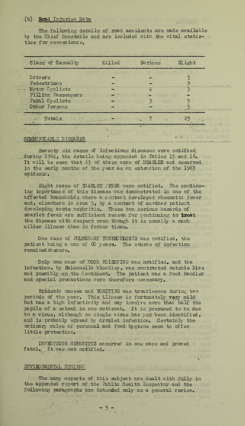 (h) Bead In.juries Data The following details of, road accidents are made available by the Chief Constable and are included v;ith the vital statis-' tics for convenience. Class of Casualty Killed Se rious Si ight Drivers m» 5 Pedestrians - - 9 -■Motorcyclists - 4 3 ■ ' ■■■ Pillion Passengers - - Pedal'Cyclists - 3 5 Other Persons - — .3 Totals, . 7 25, OOMiVIlJNJCAELB DISEASES Seventy six cases- cf infectious diseases ¥\rere notified .during 19^4j the details being appended in Tables I5 -and I6. It will be seen that 65 of these,were of IiEA.SLES and occurred in the early months of the year as an extension of the 19^3 epidemic* Eiglit cases of .SCARLET I’EVER were notified. The continu- ing importa.nce of this disease was demonstrated in one of the affected households where a contact developed rheumatic fever and, elsev/here in Area hy a contact of another patient developing- acute- nephritis. These tvro serious hazards of scarlet fever are sufficient reason for continuing to treat the disease with respect even though it is usually a-much-, milder illness than in former times. One case of IIILMOEARY'TIJBERCDLOSIS ¥/as notified, the patient being a man of 6O years. The source of infection remained ob sour e. Only one case of POOD RCISONING was notif led* and the infection, by Salmonella blockley, 7;as contracted outsid.e Diss and possibly. o;n.,the Contihentl The patient was a food handler and special precautions were therefore necessary..,. Epidemic nausea and 'VOICTIRG was troublesome during two periods cf the year. This, illness is fortunately very mild but has a high infectivi-ty and may involve more than half the pupils of a ,school in one outbreak. It is presumed to be due to a virus, although no single viius has ye,t been identified, and is .prob8,bly spread by droplet infection. Certainly the ordinary rules of personal and food hygiene seem to offer little protection, H-IPJCTIOUS HEPATITIS occurred in one case and proved fatal,^It was not notified. EHVIBOmiEHTAL HYGIENE' The many aspects of this subject are dealt with fully in the appended report of the Hiblic Health Inspector and the following paragraphs are intended .only as a general review.