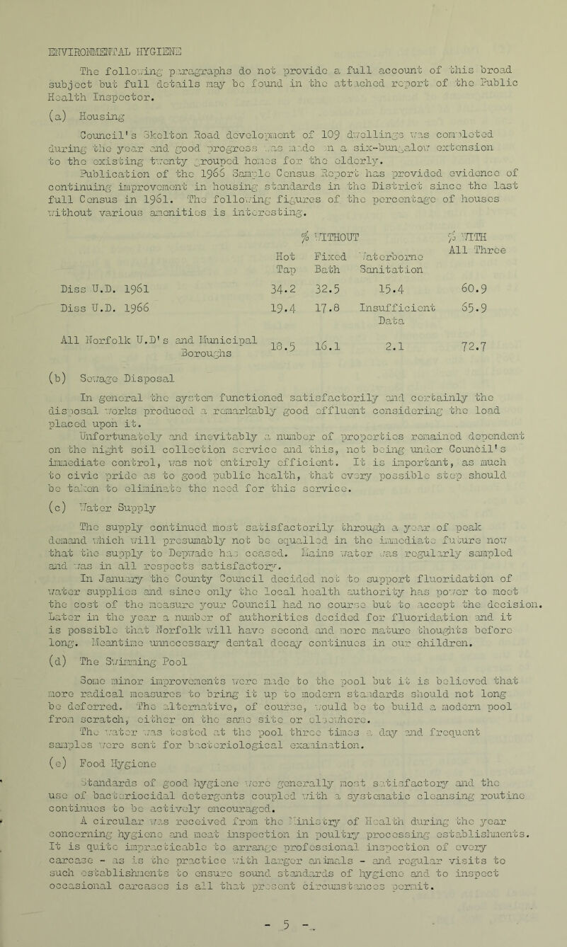 ElIYIROMIMTAL HYGIENE The follo'..-ing paragraphs do not provide a full account of this broad subject but full details be found in the attached report of the Public Health Inspector. (a) Housing Council's okelton Road development of 109 duellings Y;as completed during the ye^ar end good progress ..as made .n a six-bun^^eHoi': extension to the existing tv;onty grouped homos for the elderly. Publication of the I96S oample Census Report has provided evidence of continuing’ improvciaent in housing standards in the District since the last full Census in I96I. The follov/ing figures of^ the percentage of houses vithout various anonities is interesting. io ^TITHOUT 'HTH Hot Tap Fixed Bath ’ Jatorborne Sanitation J±±± XliX'Ue Diss IJ.D. 1961 34.2 32.5 15.4 60.9 Diss U.D. 1966 19.4 17.8 Insaiff icient Data 65.9 All Norfolk IJ.D's and Municipal Boroughs 13.5 1—1 VO 1—1 2.1 72.7 (b) Sovrage Disposa,! In general the systen functioned satisfactorily and certainly the dis'iosal ’jorks produced a remarkably good effluent considering the load placed upon it. Unfortunately and inevitably a number of properties remained dependent on the night soil collection service and this, not being under Council's immediate control, nas not entirely efficient. It is important,■as much to civic pride o.s to good public health, that every possible step should bo taken to eliminate the need for this service. (c) 'Jater Supply The sup'ply continued most satisfactorily through a year of peak demand udiich nill presumably not bo ogualled in the imnediate future noYT that the supply to DepYvade has cee.sed. Mains nater ..-as rogul?.rly saiaplod and Y/as in all respects satisfactory^'. In January the Coirnty CoYincil decided no't to sup'port fluoridation of Y'/ater supplies and since only the local health authority has po’./cr to meet the cost of the measure your Coi'uicil had no course but to accept the decision. Later in the year a nunbor of authorities decided for fluorida.tion and it is possible '0110,1 Norfolk v/ill have second ojid more ma'bure 'thoughts before long. Meantime ramoccssary'' dental decay continues in our children. (d) The SY/Lu'iing Pool Some minor improvements Y'/crc made to the pool but it is believed that more radical measures to bring it up to modern standards should not long bo deferred. The oMtemativo, of course, Y.'ould be to build 0. modern pool from scratch, oi'cher on the same site or Gl'jeY.h.cro. Tho Y/ater Yias tested at the pool three times a day?' and frequent sai'iplos Y'^ero sent for bacteriological exa:iination. (e) Pood Hygiene standards of good hygiene Y/ere generally most s'atisfactory and the use of bacteriocidal detergents coupled Y'M'th a systematic cleansing routine continues 'bo be actively encouraged. A circular nas received from the kinistiryT- of Health during the year concerning hygiene and meat inspection in poultig^ processing estaMlislu'-ients. It is quite impracticable to arrange professional inspection of every carcase - as is the practice Y/ith larger cuiimals - and regular visits to such establishments to ensure soiond standards of hygiene and to inspect occasional carcases is all that 'present circuastai'ices 'oornit.