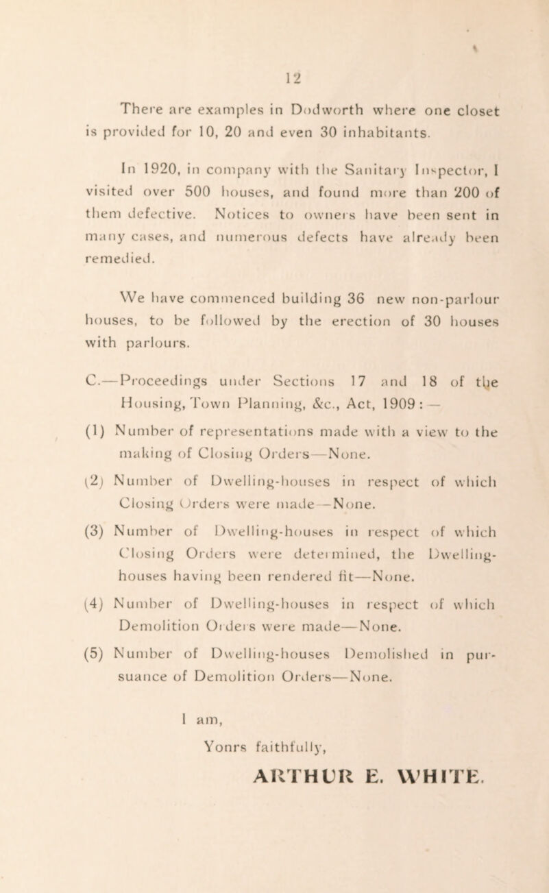 There are examples in Dodworth where one closet is provided for 10, 20 and even 30 inhabitants. In 1920, in company with the Sanitary Inspector, I visited over 500 houses, and found more than 200 of them defective. Notices to owners have been sent in many cases, and numerous defects have already been remedied. We have commenced building 36 new non-parlour houses, to be followed by the erection of 30 houses with parlours. C.— Proceedings under Sections 17 and 18 of the Housing, Town Planning, &c., Act, 1909: — (1) Number of representations made with a view to the making of Closing Orders—None. (2) Number of Dwelling-houses in respect of which Closing Orders were made -None. (3) Number of Dwelling-houses in respect of which Closing Orders were determined, the Dwelling- houses having been rendered fit—None. (4) Number of Dwelling-houses in respect of which Demolition Orders were made—None. (5) Number of Dwelling-houses Demolished in pur- suance of Demolition Orders—None. I am, Yonrs faithfully, ARTHUR E. WHITE.