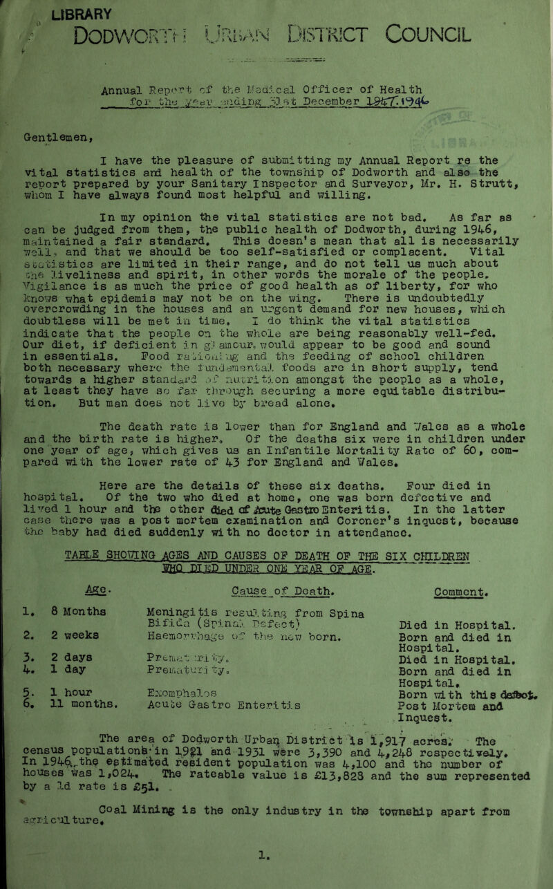 UBRARY DODWCRl't; 8 IP^ District Council Annual Report, cf the Medical Officer of Health for the vending' pjst December Gentlemen, I have the pleasure of submitting my Annual Report re the vital statistics and health of the township of Dodworth and also the report prepared by your Sanitary Inspector and Surveyor, Mr, H. Strutt, whom I have always found most helpful and willing. In my opinion the vital statistics are not bad. As far as can be judged from them, the public health of Dodworth, during 1946, maintained a fair standard. This doesn's mean that all is necessarily and that we should be too self-satisfied or complacent. Vital soutisties are limited in their range, and do not tell us much about Ghe liveliness and spirit, in other words the morale of the people. Vigilance is as much the price of good health as of liberty, for who knows what epidemis may not be on the wing. There is undoubtedly overcrowding in the houses and an urgent demand for new houses, which doubtless will be met in time. I do think the vital statistics indicate that the people on the whole are being reasonably well-fed. Our diet, if deficient in g;i amour, would appear to be good and sound in essentials. Food rationiv.ig’ and the feeding of school children both necessary where the funddmental foods arc in short supply, tend towards a higher standard ,)f nutrition amongst the people as a whole, at least they have so x’ar tlrrotigh securing a more equitable distribu- tion, But man does not live by bread alone. The death rate is lower than for England and Vales as a whole and the birth rate is higher^ Of the deaths six were in children under one year of age, which gives us an Infantile Mortality Rate of 60, com- pared with the lower rate of 43 for England and Vales* Here are the details of these six deaths. Pour died in hospital. Of the two who died at home, one was born defective and lived 1 hour and the other of iteute GastioEnteritis. In the latter case there was a post mortem examination and Coroner*s inquest, because the baby had died suddenly with no doctor in attendance. TABLE SHOVE NO AGES AND CAUSES OF DEATH OP THE SIX CHIL33REN IHQ DIED UNDER ONE YEAR OF AGE. Age. Cause of Death. Comment, 1, 8 Months 2, 2 weeks 3. 2 days 4. 1 day 5. 1 hour 6, 11 months. Meningitis resulting from Spina Bifida (Spina;., Tcfe:ct) Haemorrhage of the nov/ born. Premar :rity„ Prematur.l ty. ExomphaloB Acute Gastro Enteritis Died in Hospital. Born and died in Hospital. Died in Hospital, Born and died in Hospital, Born with this defeot. Post Mortem and Inquest. The area of Dodworth Urban District 'is 1,91-7 acre's;' The census population^'in 19p and 1931 were 3,390 and 4,248 respectively* In 194^j-th,e estimated feisident population was 4,100 and the number of houses was 1,024* The rateable value is £13,823 and the sum represented by a Id rate is £5!, Coal Mining is the only Industry in the township apart from agriculture*