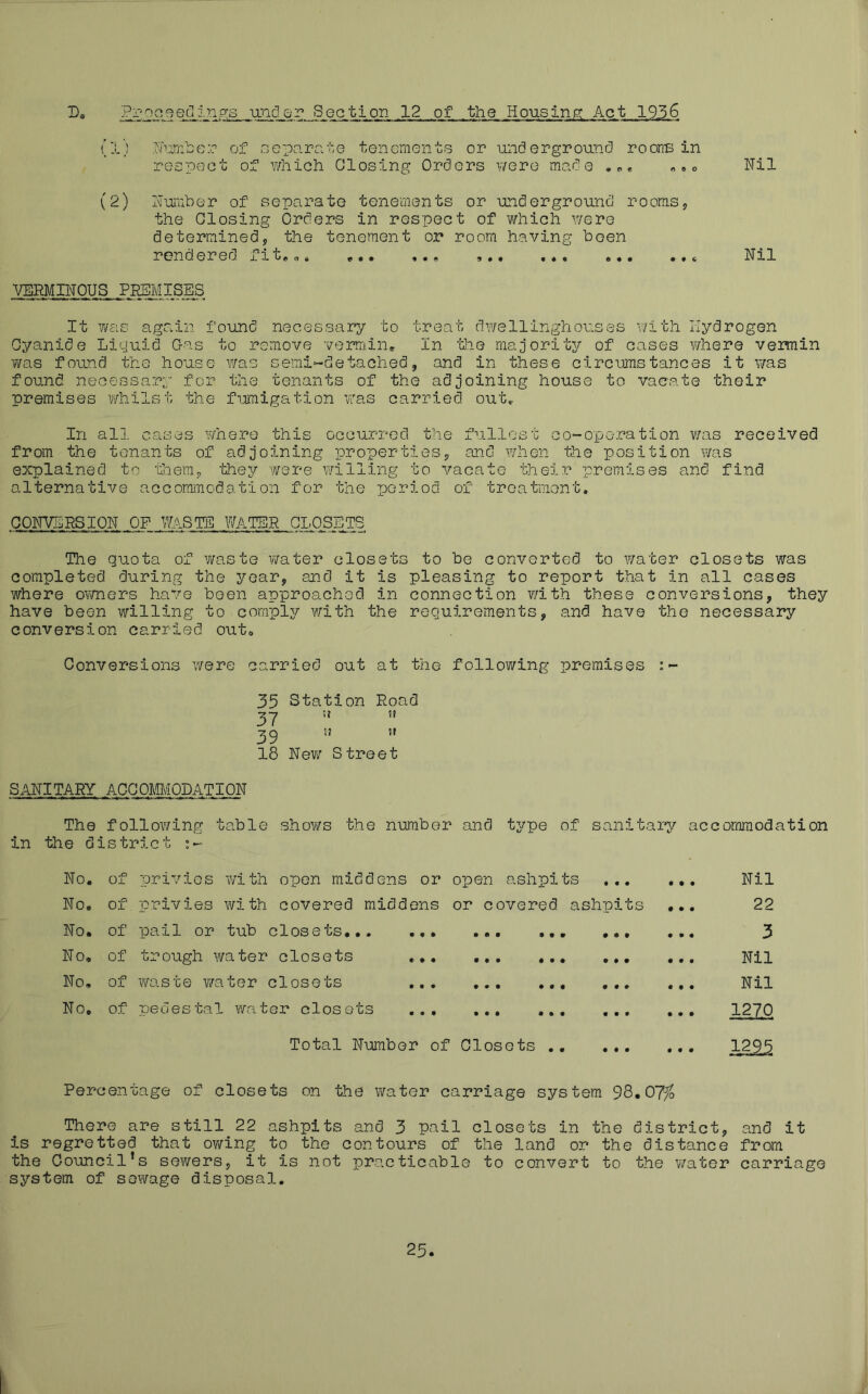 (1) Nurr.be:? of neparote tenements or underground roonB in respect of which Closing Orders v/ere made .o« «eo Nil (2) Ihjiuher of separate tenements or underground rooms, the Closing Orders in respect of which were determined, the tenement or room having been rendered fit, o. ,,, Nil VERMINOUS FmilSBS. It ?/as again found necessary to treat dwellinghouses with hydrogen Cyanide Liquid G-as to remove vermin. In the majority of cases ?/here vermin was found the house was semi«detached, and in these circumstances it was found necessary for the tenants of the adjoining house to vaeate their premises whilst the fumigation was carried out. In all cases where this occurred the fullest co-operation v/as received from the tenants of adjoining properties, and when the position was explained to tiem, they were willing to vacate their premises and find alternative accommodation for the period of treatment, CONVERSION OP WhSIE WATER CLOSETS The quota of waste water closets to be converted to water closets was completed during the year, end it is pleasing to report that in all cases where owners have been approached in connection v/ith these conversions, they have been willing to compljr with the requirements, and have the necessary conversion carried out. Conversions were carried out at the following premises 35 Station Road t? sr 18 New Street SANITARY AGCOmfODATION The following table sho’vs the number and type of sanitary accommodation in the district No. of priviGS 'With open middens or open ashpits No, of privies with covered middens or covered ashpits No. of pail or tub closets... No, of trough water closets No, of waste v/ater closets No, of pedestal water closets • •• • • m 0*9 0 m • 00 ••• ••• •• • •• ##• ••• ••• «• • •• ••• ••• •• Total Number of Closots Nil 22 3 Nil Nil 1270 Percentage of closets on the water carriage system 98.07% There are still 22 ashpits and 3 pail closets in the district, and it is regretted that ov/ing to the contours of the land or the distance from the Council’s sewers, it is not practicable to convert to the v/ater carriage system of sewage disposal. 25