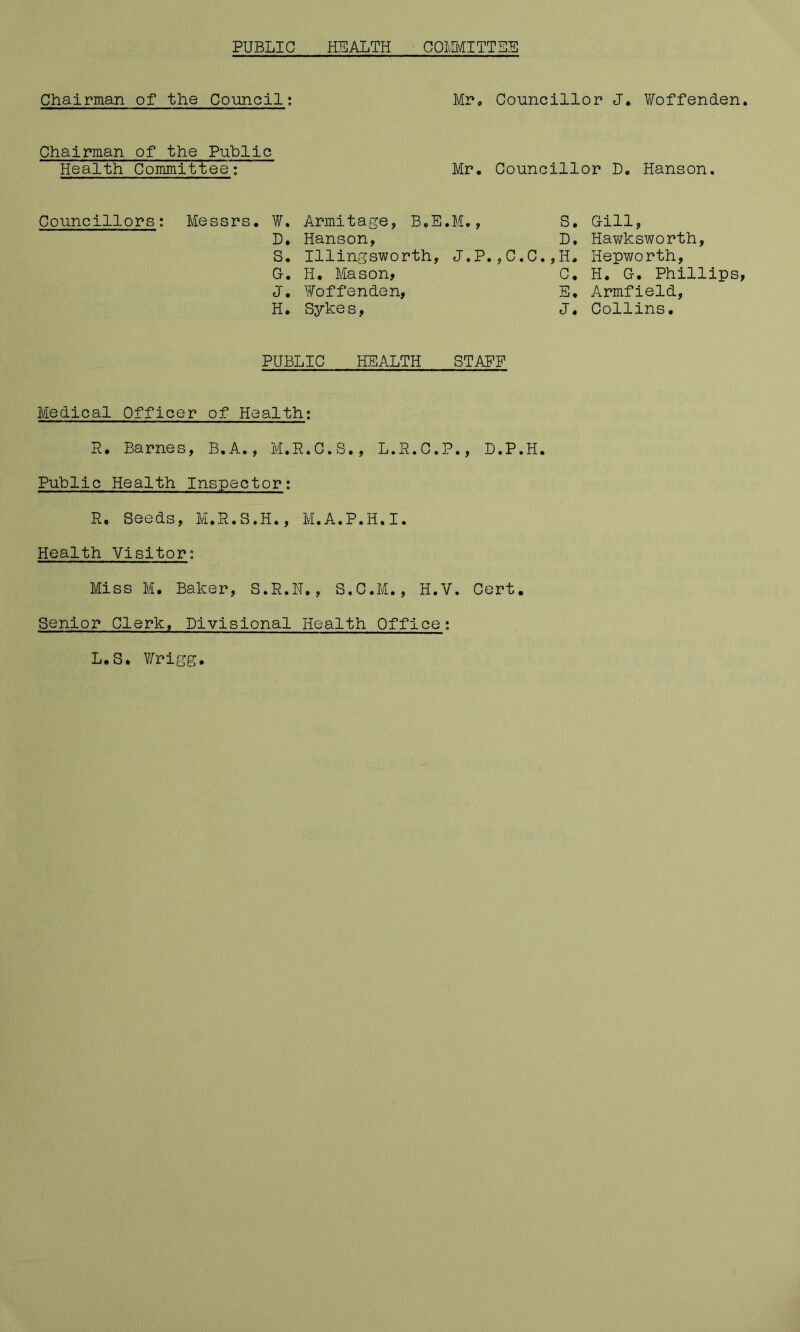 PUBLIC HEALTH COIvMITTSE Chairman of the Council; Mr, Councillor J. \7offenden Chairman of the Public Health Committee; Mr. Councillor D. Hanson. Councillors: Messrs, W. D. S. G. J. H. Armitagej B.E.M,, Hanson, Illingsworth, J.P. H. Mason, Woffenden, Syke s, C.C S. Gill, D, Hav^ksworth, H. Hepworth, C. H. G. Phillips E, Armfield, J. Collins, PUBLIC HEALTH STAFF Medical Officer of Health; P. Barnes, B,A., M.R.C.S., L.R.C.P., D.P.H. Public Health Inspector; R, Seeds, M.R.S.H., M.A.P.H.I. Health Visitor; Miss M, Baker, S.R.H., S.C.M,, H.V. Cert. Senior Clerk, Divisional Health Office;