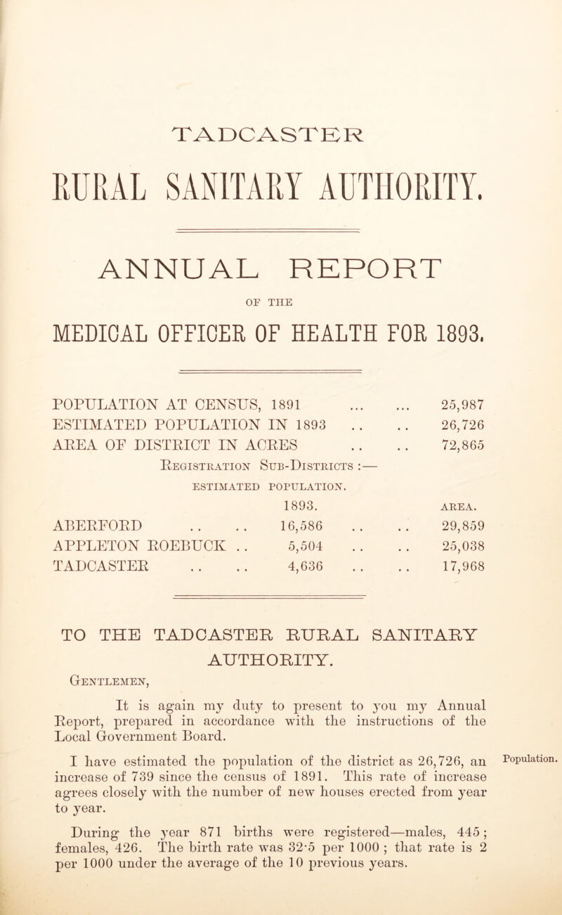 TADCASTER RURAL SANITARY AUTHORITY. ANNUAL REPORT OF THE MEDICAL OFFICER OF HEALTH FOR 1893, POPULATION AT CENSUS. , 1891 25,987 ESTIMATED POPULATION IN 1893 26,726 APEA OE DISTRICT IN ACRES 72,865 Registration Sub-Districts :— ESTIMATED POPULATION. 1893. AREA. ABEPEOPD 16,586 29,859 APPLETON ROEBUCK . . 5,504 25,038 TADCASTER 4,636 17,968 TO THE TADCASTER RURAL SANITARY AUTHORITY. Gentlemen, It is again my duty to present to you my Annual Report, prepared in accordance with, the instructions of the Local Government Board. I have estimated the population of the district as 26,726, an increase of 739 since the census of 1891. This rate of increase agrees closely with the number of new houses erected from year to year. During the year 871 births were registered—males, 445; females, 426. The birth rate was 32-5 per 1000 ; that rate is 2 Population