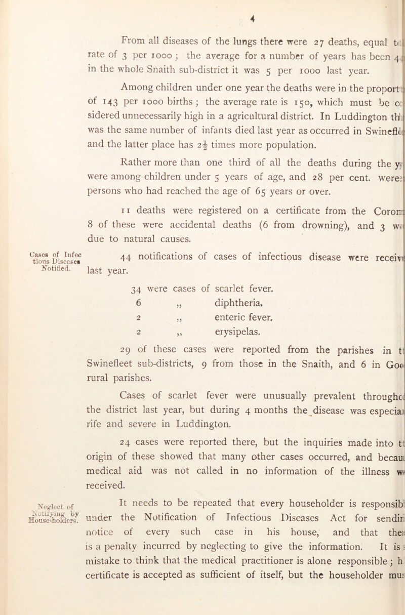 Cases of lufec tious Diseases Notified. Neglect of Notifying by House-holders. From all diseases of the lungs there were 27 deaths, equal tt rate of 3 per 1000 ; the average for a number of years has been 4 in the whole Snaith sub-district it was 5 per 1000 last year. Among children under one year the deaths were in the proport of T43 per 1000 births; the average rate is 150, which must be cc sidered unnecessarily high in a agricultural district. In Luddington th. was the same number of infants died last year as occurred in Swinefl^( and the latter place has 2^ times more population. Rather more than one third of all the deaths during the jk were among children under 5 years of age, and 28 per cent, were^ persons who had reached the age of 65 years or over. II deaths were registered on a certificate from the Cororr 8 of these were accidental deaths (6 from drowning), and 3 w*’ due to natural causes. 44 notifications of cases of infectious disease were receiT^ last year. 34 were cases of scarlet fever. 6 „ diphtheria* 2 ,, enteric fever. 2 ,, erysipelas. 29 of these cases were reported from the parishes in t; Swinefleet sub-districts, 9 from those in the Snaith, and 6 in Go(J rural parishes. Cases of scarlet fever were unusually prevalent throughc( the district last year, but during 4 months the disease was especiaa rife and severe in Luddington. 24 cases were reported there, but the inquiries made into tt origin of these showed that many other cases occurred, and becau^ medical aid was not called in no information of the illness m received. It needs to be repeated that every householder is responsibl under the Notification of Infectious Diseases Act for sendiri notice of every such case in his house, and that thefi is a penalty incurred by neglecting to give the information. It is ; mistake to think that the medical practitioner is alone responsible ; h certificate is accepted as sufficient of itself, but the householder mu;