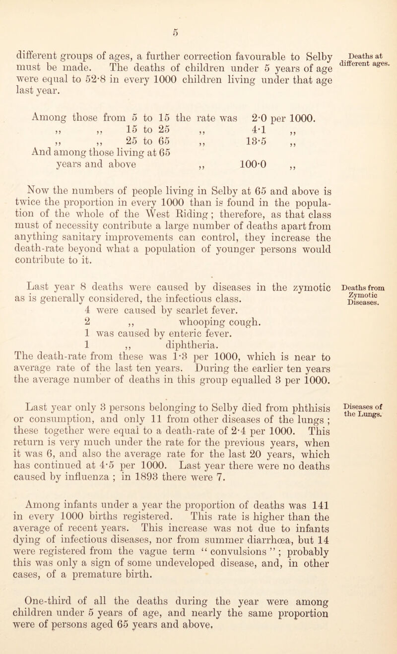 different groups of ages, a further correction favourable to Selby must be made. The deaths of children under 5 years of age were equal to 52-8 in every 1000 children living under that age last year. Among those from 5 to 15 the rate was 2-0 per 1000. n n 15 to 25 ,, 4*1 ,, „ ,, 25 to 65 ,, 13-5 And among those living at 65 years and above ,, 100-0 ,, Now the numbers of people living in Selby at 65 and above is twice the proportion in every 1000 than is found in the popula- tion of the whole of the West Riding; therefore, as that class must of necessity contribute a large number of deaths apart from anything sanitary improvements can control, they increase the death-rate beyond what a population of younger persons would contribute to it. Last year 8 deaths were caused by diseases in the zymotic as is generally considered, the infectious class. 4 were caused by scarlet fever. 2 ,, whooping cough. 1 was caused by enteric fever. 1 ,, diphtheria. The death-rate from these was 1-3 per 1000, which is near to average rate of the last ten years. During the earlier ten years the average number of deaths in this group equalled 3 per 1000. Last year only 3 persons belonging to Selby died from phthisis or consumption, and only 11 from other diseases of the lungs ; these together were equal to a death-rate of 2-4 per 1000. This return is very much under the rate for the previous years, when it was 6, and also the average rate for the last 20 years, which has continued at 4-5 per 1000. Last year there were no deaths caused by influenza ; in 1893 there were 7. Among infants under a year the proportion of deaths was 141 in every 1000 births registered. This rate is higher than the average of recent years. This increase was not due to infants dying of infectious diseases, nor from summer diarrhoea, but 14 were registered from the vague term “ convulsions ” ; probably this was only a sign of some undeveloped disease, and, in other cases, of a premature birth. One-third of all the deaths during the year were among children under 5 years of age, and nearly the same proportion were of persons aged 65 years and above, Deaths at different ages Deaths from Zymotic Diseases, Diseases of the Lungs.