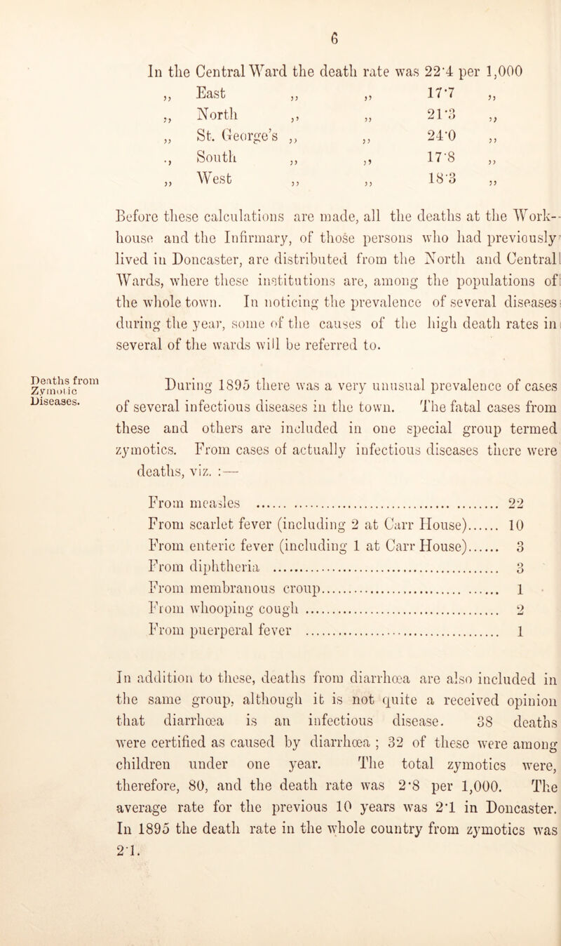 In the Central Ward the death rate was 224 per 1,000 „ East „ „ 17*7 „ „ North ,, „ 21*3 „ „ St. George’s „ ,, 24’0 ,, South ,, ,, 17 *8 „ „ West „ ,, 18'3 „ Before these calculations are made, all the deaths at the Work- house and the Infirmary, of those persons who had previously lived in Doncaster, are distributed from the North and Central Wards, where these institutions are, among the populations of the whole town. In noticing the prevalence of several diseases; during the year, some of the causes of the high death rates in i several of the wards will be referred to. Deaths from Zymotic Diseases. During 1895 there was a very unusual prevalence of cases of several infectious diseases in the town. The fatal cases from these and others are included in one special group termed zymotics. From cases of actually infectious diseases there were deaths, viz. :— From measles From scarlet fever (including 2 at Carr House) From enteric fever (including 1 at Carr House) From diphtheria From membranous croup From whooping cough From puerperal fever 22 10 O O o 0 1 2 1 In addition to these, deaths from diarrhoea are also included in the same group, although it is not quite a received opinion that diarrhoea is an infectious disease. 38 deaths were certified as caused by diarrhoea ; 32 of these were among children under one year. The total zymotics were, therefore, 80, and the death rate was 2*8 per 1,000. The average rate for the previous 10 years was 21 in Doncaster. In 1895 the death rate in the whole country from zymotics was 21.