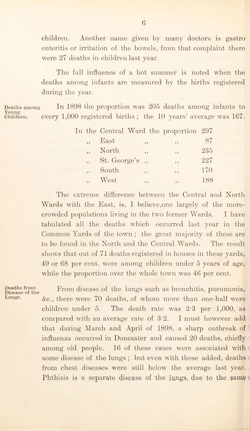 Deaths among Young Children. Deaths from Disease of the Lungs. f) children. Another name given hy many doctors is gastro enteritis or irritation of the bowels, from that complaint there were 27 deaths in children last year. The full influence of a hot summer is noted when the deaths among infants are measured hy the births registered during the year. In 1898 the proportion was 205 deaths among infants to every 1,000 registered births ; the 10 years’ average was 167. In the Central Ward the proportion 297 ,, East ,, ,, 87 ,, North ,, ,, 235 ,, St. George’s ,, ,, 227 ,, South ,, ,, 170 ,, West ,, ,, 188 The extreme difference between the Central and North Wards with the East, is, I believe,one largely of the more- crowded populations living in the twm former Wards. I have tabulated all the deaths wdiich occurred last year in the Common Yards of the town ; the great majority of these are to be found in the North and the Central Wards. The result shows that out of 71 deaths registered in houses in these yards, 49 or 68 per cent, were among children under 5 years of age, while the proportion over the whole town w^as 46 per cent. From disease of the lungs such as bronchitis, pneumonia, &c., there Avere 70 deaths, of wdiom more than one-half w^ere children under 5. The death rate AA^as 2-3 per 1,000, as compared Avith an aAwage rate of 3‘2. I must hoAAwer add that during March and April of 1898, a sharp outbreak of influenza occurred in Doncaster and caused 20 deaths, chiefly among old people. 16 of these cases Avere associated AAuth some disease of the lungs ; but eA^en AAuth these added, deaths from chest diseases were still beloAV the aA^erage last year. Phthisis is a separate flisgase of the lungs, due fo the §am^