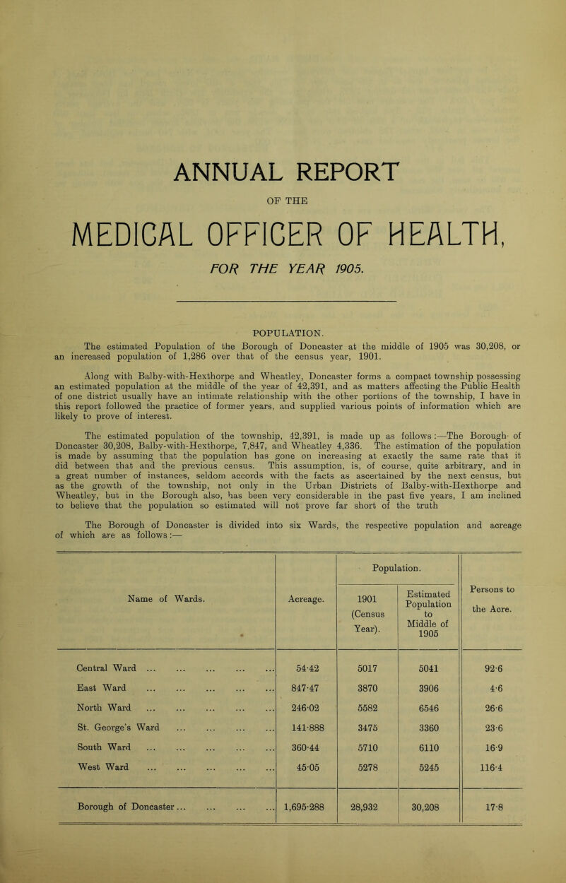 OP THE MEDICAL OFFICER OF HEALTH, FOR THE YEAR 1905. POPULATION. The estimated Population of the Borough of Doncaster at the middle of 1905 was 30,208, or an increased population of 1,286 over that of the census year, 1901. Along with Balby-with-Hexthorpe and Wheatley, Doncaster forms a compact township possessing an estimated population at the middle of the year of 42,391, and as matters affecting the Public Health of one district usually have an intimate relationship with the other portions of the township, I have in this report followed the practice of former years, and supplied various points of information which are likely to prove of interest. The estimated population of the township, 42,391, is made up as follows:—The Borough- of Doncaster 30,208, Balby-with-Hexthorpe, 7,847, and Wheatley 4,336. The estimation of the population is made by assuming that the population has gone on increasing at exactly the same rate that it did between that and the previous census. This assumption, is, of course, quite arbitrary, and in a great number of instances, seldom accords with the facts as ascertained by the next census, but as the growth of the township, not only in the Urban Districts of Balby-with-Hexthorpe and Wheatley, but in the Borough also, has been very considerable in the past five years, I am inclined to believe that the population so estimated will not prove far short of the truth The Borough of Doncaster is divided into six Wards, the respective population and acreage of which are as follows :— Population. Name of Wards. Acreage. 1901 (Census Year). Estimated Population to Middle of 1905 Persons to the Acre. Central Ward ... 54-42 5017 5041 92-6 East Ward 847-47 3870 3906 4-6 North Ward 246-02 5582 6546 26-6 St. George’s Ward 141-888 3475 3360 23-6 South Ward 360-44 5710 6110 16-9 West Ward 45-05 5278 5245 116-4 Borough of Doncaster... 1,695-288 28,932 30,208 17-8