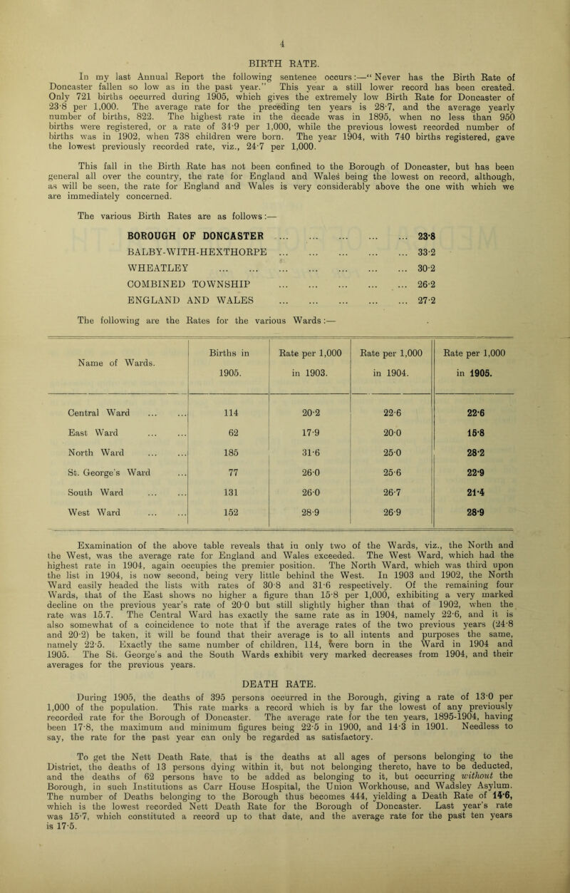 BIETH EATB. In my last Annual Eeport the following sentence occurs:—“ Never has the Birth Eate of Doncaster fallen so low as in the past year.” This year a still lower record has been created. Only 721 births occurred during 1905, which gives the extremely low’ Birth Eate for Doncaster of 23‘8 per 1,000. The average rate for the preceding ten years is 28'7, and the average yearly number of births, 822. The highest rate in the decade was in 1895, when no less than 950 births were registered, or a rate of 34-9 per 1,000, while the previous lowest recorded number of births w’as in 1902, when 738 children were born. The year 1904, with 740 births registered, gave the lowest previously recorded rate, viz., 24'7 per 1,000. This fall in the Birth Eate has not been confined to the Borough of Doncaster, but has been general all over the country, the rate for England and Wales being the lowest on record, although, as will be seen, the rate for England and Wales is very considerably above the one with which we are immediately concerned. The various Birth Eates are as follows;— BOROUGH OF DONCASTER ... 23*8 BALBY-WITH-HEXTHOEPE 33-2 WHEATLEY 30-2 COMBINED TOWNSHIP ... 26-2 BNGL.4ND AND WALES 27-2 The following are the Eates for the various Wards:— Name of Wards. Births in 1905. Eate per 1,000 in 1903. Eate per 1,000 in 1904. Eate per 1,000 in 1905. Central Ward 114 20-2 22-6 22-6 East Ward 62 17-9 20-0 16-8 North Ward 185 31-6 250 28-2 St. George’s Ward 77 260 25-6 22-9 South Ward 131 26-0 26-7 21-4 West Ward 152 28-9 26-9 28-9 Examination of the above table reveals that in only two of the Wards, viz., the North and the West, was the average rate for England and Wales exceeded. The West Ward, which had the highest rate in 1904, again occupies the premier position. The North Ward, which was third upon the list in 1904, is now second, being very little behind the West. In 1903 and 1902, the North Ward easily headed the lists with rates of 30 8 and 31’6 respectively. Of the remaining four Wards, that of the East show’s no higher a figure than 15'8 per 1,000, exhibiting a very marked decline on the previous year’s rate of 20-0 but still slightly higher than that of 1902, when the rate was 15.7. The Central Ward has exactly the same rate as in 1904, namely 22'6, and it is also somewhat of a coincidence to note that if the average rates of the two previous years (24-8 and 20-2) be taken, it wall be found that their average is to all intents and purposes the same, namely 22-5. Exactly the same number of children, 114, ?vere born in the Ward in 1904 and 1905. The St. George’s and the South Wards exhibit very marked decreases from 1904, and their averages for the previous years. DEATH EATE. During 1905, the deaths of 395 persons occurred in the Borough, giving a rate of 13-0 per 1,000 of the population. This rate marks a record which is by far the lowest of any previously recorded rate for the Boi’ough of Doncaster. The average rate for the ten years, 1895-1904, having been 17'8, the maximum and minimum figures being 22-5 in 1900, and 14'3 in 1901. Needless to say, the rate for the past year can only be regarded as satisfactory. To get the Nett Death Eate, that is the deaths at all ages of persons belonging to the District, the deaths of 13 persons dying within it, but not belonging thereto, have to be deducted, and the deaths of 62 persons have to be added as belonging to it, but occurring without the Borough, in such Institutions as Carr House Hospital, the Union Workhouse, and Wadsley Asylum. The number of Deaths belonging to the Borough thus becomes 444, yielding a Death Eate of 14’6, which is the lowest recorded Nett Death Eate for the Borough of Doncaster. Last year’s rate was 15’7, which constituted a record up to that date, and the average rate for the past ten years is 17’5.
