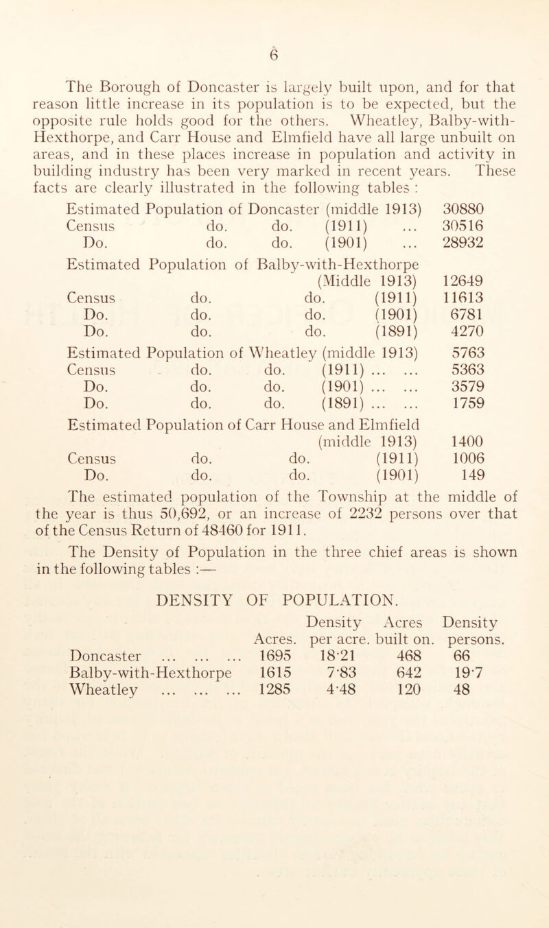 The Borough of Doncaster is largely built upon, and for that reason little increase in its population is to be expected, but the opposite rule holds good for the others. Wheatley, Balby-with- Hexthorpe, and Carr House and Elmfield have all large unbuilt on areas, and in these places increase in population and activity in building industry has been very marked in recent years. These facts are clearly illustrated in the following tables : Estimated Population of Doncaster (middle 1913) 30880 Census do. do. (1^11) ••• 30516 Do. do. do. (1901) ... 28932 Estimated Population of Balby-with-Hexthorpe (Middle 1913) 12649 Census do. do. (1911) 11613 Do. do. do. (1901) 6781 Do. do. do. (1891) 4270 Estimated Population of Wheatley (middle 1913) 5763 Census do. do. (1911) 5363 Do. do. do. (1901) 3579 Do. do. do. (1891) 1759 Estimated Population of Carr House and Elmfield (middle 1913) 1400 Census do. do. (1911) 1006 Do. do. do. (1901) 149 The estimated population of the Township at the middle of the year is thus 50,692, or an increase of 2232 persons over that of the Census Return of 48460 for 1911. The Density of Population in the three chief areas is shown in the following tables :— DENSITY OF POPULATION. Density Acres Density Acres. per acre. built on. persons. Doncaster 1695 18-21 468 66 Balby-with-Hexthorpe 1615 7-83 642 19-7 Wheatley 1285 4-48 120 48