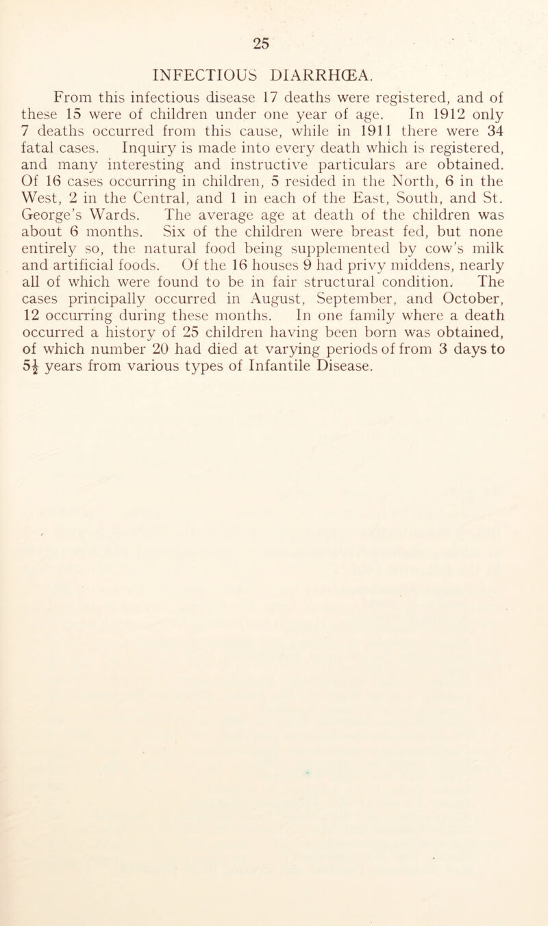INFECTIOUS DIARRHGEA. From this infectious disease 17 deaths were registered, and of these 15 were of children under one year of age. In 1912 only 7 deaths occurred from this cause, while in 1911 there were 34 fatal cases. Inquiry is made into every death which is registered, and many interesting and instructive particulars are obtained. Of 16 cases occurring in children, 5 resided in the North, 6 in the West, 2 in the Central, and 1 in each of the East, South, and St. George’s Wards. The average age at death of the children was about 6 months. Six of the children were breast fed, but none entirely so, the natural food being supplemented by cow’s milk and artificial foods. Of the 16 houses 9 had privy middens, nearly all of which were found to be in fair structural condition. The cases principally occurred in August, September, and October, 12 occurring during these months. In one family where a death occurred a history of 25 children having been born was obtained, of which number 20 had died at varying periods of from 3 days to 5^ years from various types of Infantile Disease.