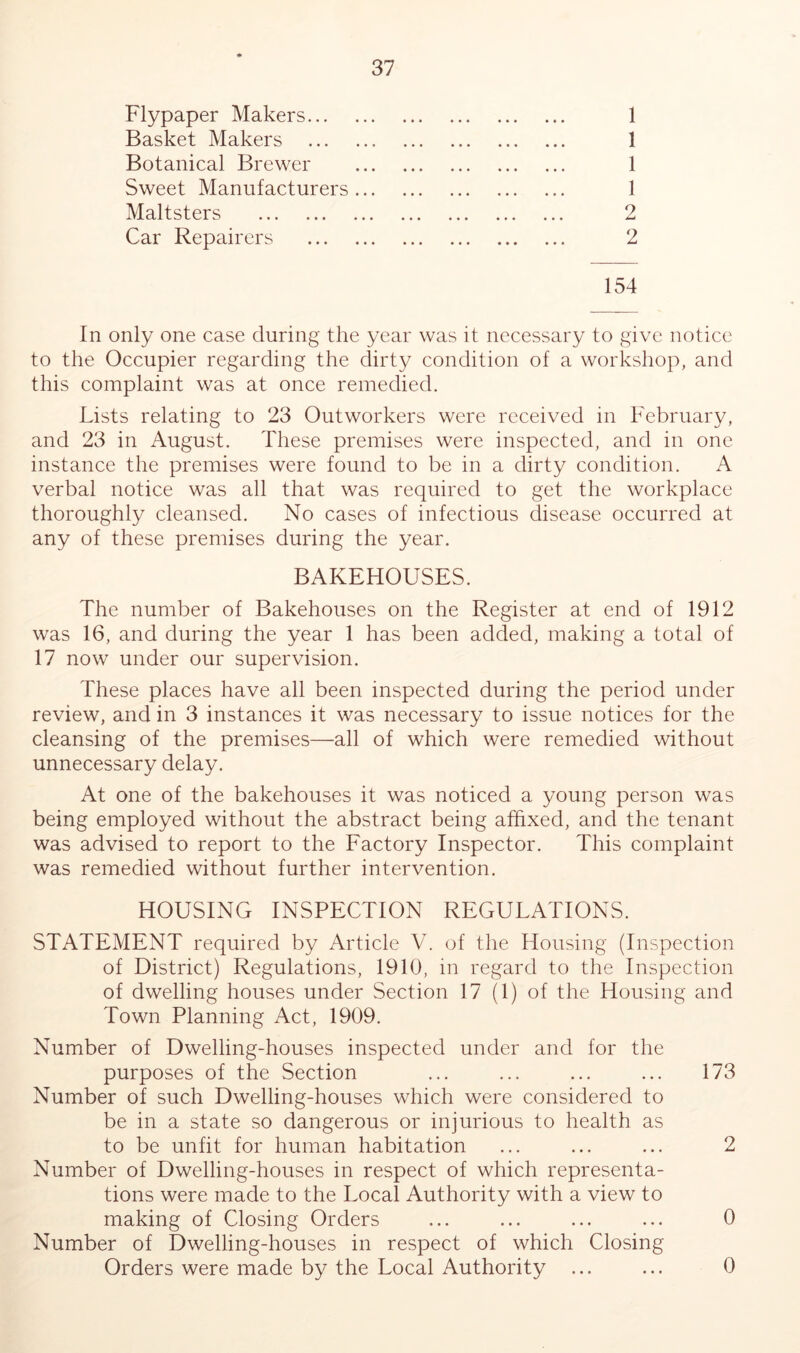 Flypaper Makers 1 Basket Makers 1 Botanical Brewer 1 Sweet Manufacturers 1 Maltsters 2 Car Repairers 2 154 In only one case during the year was it necessary to give notice to the Occupier regarding the dirty condition of a workshop, and this complaint was at once remedied. Lists relating to 23 Outworkers were received in February, and 23 in August. These premises were inspected, and in one instance the premises were found to be in a dirty condition. A verbal notice was all that was required to get the workplace thoroughly cleansed. No cases of infectious disease occurred at any of these premises during the year. BAKEHOUSES. The number of Bakehouses on the Register at end of 1912 was 16, and during the year 1 has been added, making a total of 17 now under our supervision. These places have all been inspected during the period under review, and in 3 instances it was necessary to issue notices for the cleansing of the premises—all of which were remedied without unnecessary delay. At one of the bakehouses it was noticed a young person was being employed without the abstract being affixed, and the tenant was advised to report to the Factory Inspector. This complaint was remedied without further intervention. HOUSING INSPECTION REGULATIONS. STATEMENT required by Article V. of the Housing (Inspection of District) Regulations, 1910, in regard to the Inspection of dwelling houses under Section 17 (1) of the Housing and Town Planning Act, 1909. Number of Dwelling-houses inspected under and for the purposes of the Section ... ... ... ... 173 Number of such Dwelling-houses which were considered to be in a state so dangerous or injurious to health as to be unfit for human habitation ... ... ... 2 Number of Dwelling-houses in respect of which representa- tions were made to the Local Authority with a view to making of Closing Orders ... ... ... ... 0 Number of Dwelling-houses in respect of which Closing Orders were made by the Local Authority ... ... 0