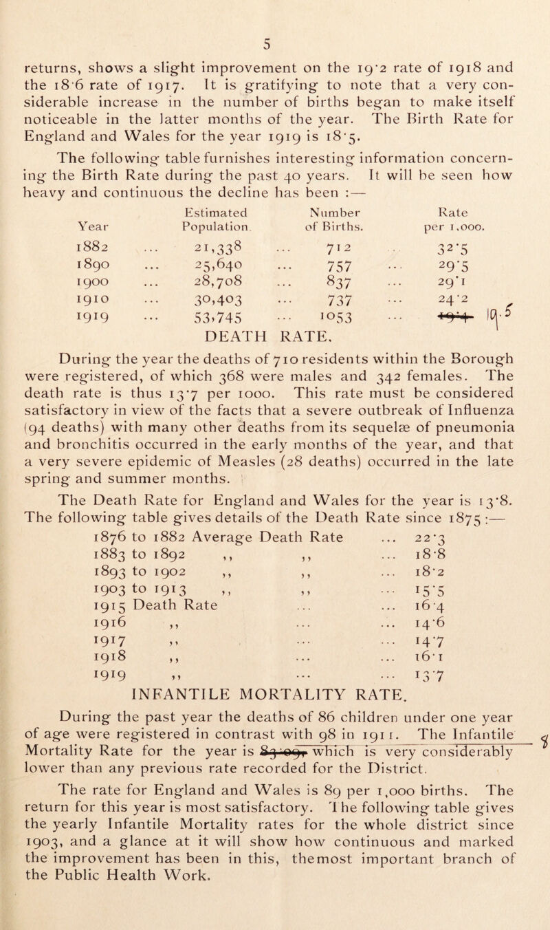 returns, shows a slight improvement on the 19*2 rate of 1918 and the 186 rate of 1917. It is gratifying to note that a very con- siderable increase in the number of births began to make itself noticeable in the latter months of the year. The Birth Rate for England and Wales for the year 1919 is 18*5. The following table furnishes interesting information concern- ing the Birth Rate during the past 40 years. It will be seen how heavy and continuous the decline has been : — Estimated Number Rate Year Population of Births. per 1,000. 1882 21,338 712 32‘5 1890 25,640 757 29'5 1900 28,708 837 29*1 1910 30,403 737 24'2 1919 53.745 io53 * y T DEATH RATE. During the year the deaths of 710 residents within the Borough were registered, of which 368 were males and 342 females. The death rate is thus 137 per 1000. This rate must be considered satisfactory in view of the facts that a severe outbreak of Influenza (94 deaths) with many other deaths from its sequelae of pneumonia and bronchitis occurred in the early months of the year, and that a very severe epidemic of Measles (28 deaths) occurred in the late spring and summer months. The Death Rate for England and Wales for the year is 13 ‘8. The following table gives details of the Death Rate since 1875 :— 1876 to 1882 Average Death Rate ... 22'3 1883 to 1892 ,, > y ... 18-8 1893 to l9°2 y , y y ... 18'2 I9°3 to T9r3 y y ••• i5*5 1915 Death Rate . .. 164 1916 ,, ... i4’6 T9r7 ... 147 1918 ,, 161 1919 >> ... ••• 137 INFANTILE MORTALITY RATE. During the past year the deaths of 86 children under one year of age were registered in contrast with 98 in 191 r. The Infantile Mortality Rate for the year is 83 09T which is very considerably lower than any previous rate recorded for the District. The rate for England and Wales is 89 per 1,000 births. The return for this year is most satisfactory, i he following table gives the yearly Infantile Mortality rates for the whole district since 1903, and a glance at it will show how continuous and marked the improvement has been in this, themost important branch of the Public Health Work.