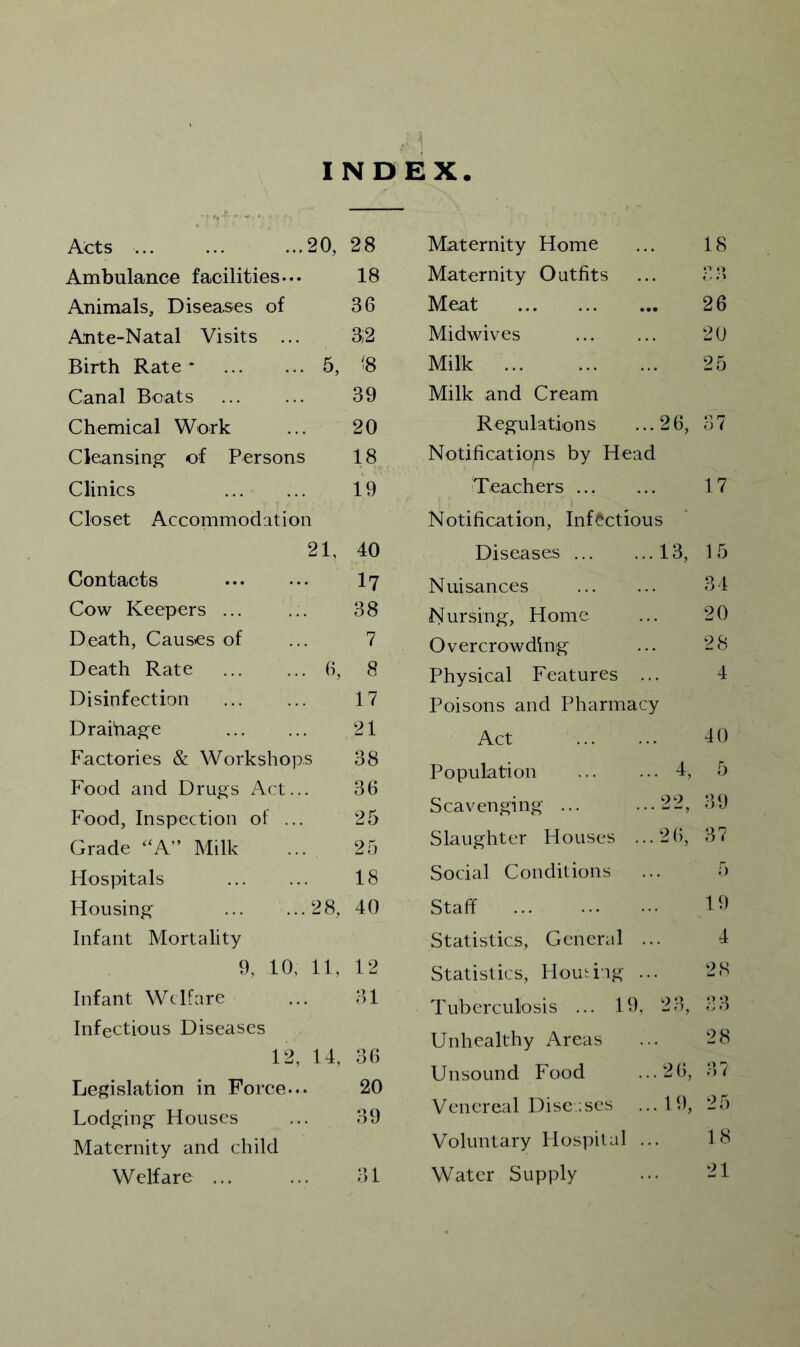 INDEX Acts 20, 28 Ambulance facilities • • • 18 Animals, Diseases of 36 Ante-Natal Visits ... 3;2 Birth Rate * 5, '8 Canal Boats ... ... 39 Chemical Work ... 20 Cleansing^ of Persons 18 Clinics 19 Closet Accommodation 21, 40 Contacts I7 Cow Keepers 38 Death, Causes of ... 7 Death Rate 6, 8 Disinfection ... ... 17 Draihage 21 Factories & Workshops 38 Food and Drugs Act... 36 Food, Inspection of ... 25 Grade ‘^A” Milk ... 25 Hospitals 18 Housing 28, 40 Infant Mortality 9, 10, 11, 12 Infant Welfare ... 31 Infectious Diseases 12, 14, 36 Legislation in Force... 20 Lodging Houses ... 39 Maternity and child Welfare ... ... 31 Maternity Home 18 Maternity Outfits 0 Meat 26 Midwives 20 Milk 25 Milk and Cream Regulations 26, 37 Notifications by Head Teachers 17 Notification, Infectious Diseases 13, 15 Nuisances 34 Nursing, Home 20 Overcrowding 28 Physical Features ... 4 Poisons and Pharmacy Act 40 Population 1, 5 Scavenging ... 22 39 Slaughter Houses ... 26, 37 Social Conditions 5 Staff ... 19 Statistics, General .. 4 Statistics, HouHag ... 28 Tuberculosis ... 19, 23, 33 Unhealthy Areas 28 Unsound Food 26, 3) 7 Venereal Diseases 19, 25 Voluntary Hos]:)ilal ... 18 Water Supply 21