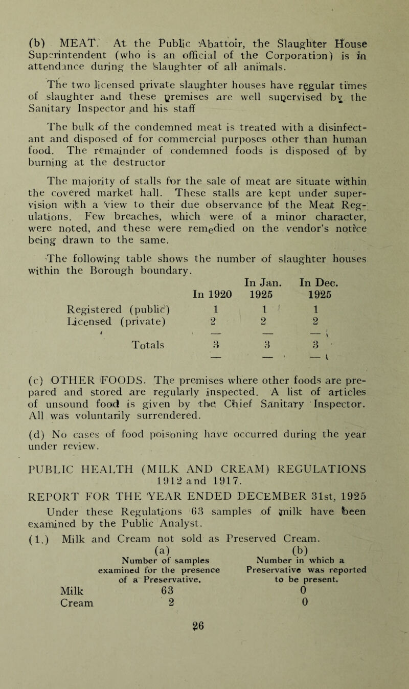 (b) MEAT.' At the Public Abattoir, the Slaughter House Superintendent (who is an official of the Corporation) is m attendance during the Slaughter of all animals. The two licensed private slaughter houses have regular times of slaughter amd these premises are well supervised bv the Sanitary Inspector and his staff The bulk of the condemned meat is treated with a disinfect- ant and disposed of for commercial purposes other than human food. The remainder of condemned foods is disposed qf by burning at the destructor The majority of stalls for the sale of meat are situate within the covered market hall. These stalls are kept under .super- vision with a View to their due observance |of the Meat Reg- ulations. Few breaches, which were of a minor character, were noted, and these were remedied on the vendor’s nqtice being drawn to the same. The following table shows the number of slaughter houses within the Borough boundary. In Jan. In Dec. In 1920 1925 1925 Registered (public) 1 1 i 1 Licensed (private) 2 2 2 Totals (c) OTHER EOODS. The premises where other foods are pre- pared and stored are regularly inspected. A list of articles of unsound food is given by the! Chief Sanitary Inspector. All was voluntarily surrendered. (d) No cases of food poisoning have occurred during the year under review. PUBLIC HEALTH (MILK AND CREaM) REGULATIONS 1912 and 1917. REPORT FOR THE YEAR ENDED DECEMBER 31st, 1925 Under these Regulations '63 samples of jnilk have been examined by the Public Analyst. (1.) Milk and Cream not sold as Preserved Cream. (a) Number of samples examined for the presence of a Preservative. 63 2 0) Number in which a Preservative was reported to be present. 0 0 Milk Cream