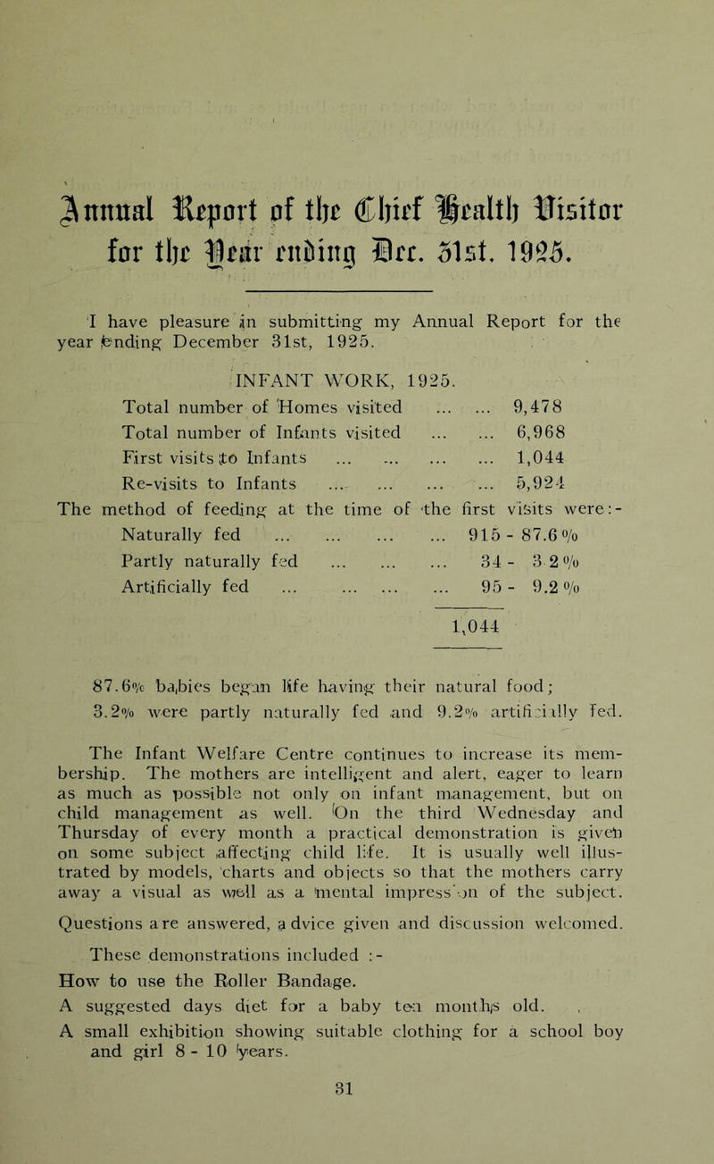 Annual Export of tijo Cljttf Hoaltlj Visitor for tlir ||rar riijliinp Urc. 31st. 1955. I have pleasure ijn submitting my Annual Report for the year fending December 31st, 1925. INFANT WORK, 1925. Total number of Homes visited 9,478 Total number of Infants visited ... ... 6,968 First visits to Infants 1,044 Re-visits to Infants ... 5,924 The method of feeding at the time of the first visits were:- Naturally fed 915-87.6o/o Partly naturally fed 34 - 3 2 «/o Artificially fed ... 95- 9.2 o/o 1,044 87.6<yc ba,bies began Me having their natural food; 3.2o/o were partly naturally fed and 9.20/0 artiii:ially fed. The Infant Welfare Centre continues to increase its mem- bership. The mothers are intelligent and alert, eager to learn as much as possible not only on infant management, but on child management as well. (On the third Wednesday and Thursday of every month a practical demonstration is givep on some subject affecting child life. It is usually well illus- trated by models, charts and objects so that the mothers carry away a visual as well as a mental impress on of the subject. Questions are answered, advice given and discussion welcomed. These demonstrations included How to use the Roller Bandage. A suggested days diet for a baby ten monthjs old. A small exhibition showing suitable clothing for a school boy and girl 8-10 'years.