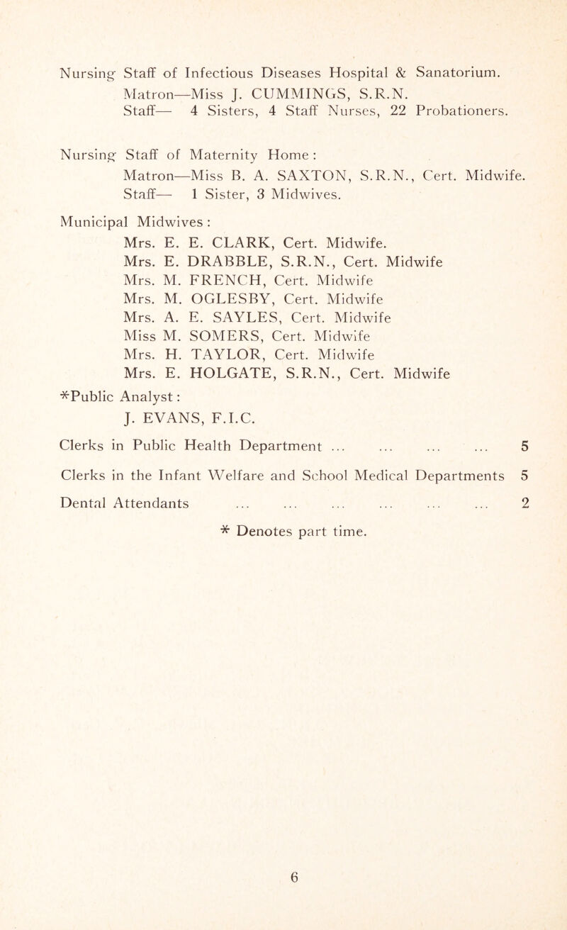 Nursing- Staff of Infectious Diseases Hospital & Sanatorium. Matron—Miss J. CUMMINGS, S.R.N. Staff— 4 Sisters, 4 Staff Nurses, 22 Probationers. Nursing- Staff of Maternity Home : Matron—Miss B. A. SAXTON, S.R.N., Cert. Midwife. Staff— 1 Sister, 3 Midwives. Municipal Midwives : Mrs. E. E. CLARK, Cert. Midwife. Mrs. E. DRABBLE, S.R.N., Cert. Midwife Mrs. M. FRENCH, Cert. Midwife Mrs. M. OGLESBY, Cert. Midwife Mrs. A. E. SAYLES, Cert. Midwife Miss M. SOMERS, Cert. Midwife Mrs. H. TAYLOR, Cert. Midwife Mrs. E. HOLGATE, S.R.N., Cert. Midwife ■^Public Analyst: J. EVANS, F.I.C. Clerks in Public Health Department ... ... ... ... 5 Clerks in the Infant Welfare and School Medical Departments 5 Dental Attendants ... ... ... ... ... ... 2 * Denotes part time.