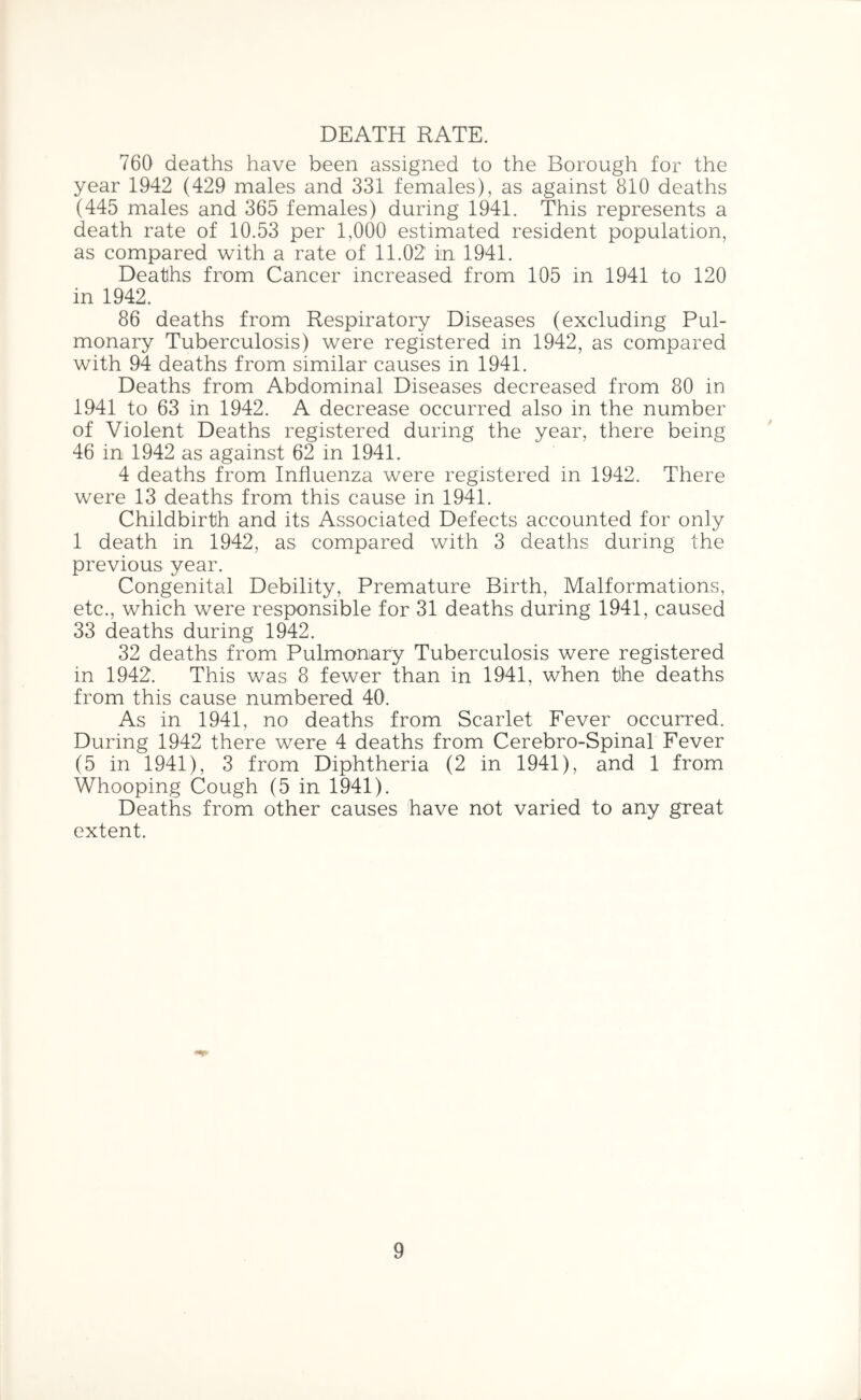 DEATH RATE. 760 deaths have been assigned to the Borough for the year 1942 (429 males and 331 females), as against 810 deaths (445 males and 365 females) during 1941. This represents a death rate of 10.53 per 1,000 estimated resident population, as compared with a rate of 11.02 in 1941. Deaths from Cancer increased from 105 in 1941 to 120 in 1942. 86 deaths from Respiratory Diseases (excluding Pul- monary Tuberculosis) were registered in 1942, as compared with 94 deaths from similar causes in 1941. Deaths from Abdominal Diseases decreased from 80 in 1941 to 63 in 1942. A decrease occurred also in the number of Violent Deaths registered during the year, there being 46 in 1942 as against 62 in 1941. 4 deaths from Influenza were registered in 1942. There were 13 deaths from this cause in 1941. Childbirth and its Associated Defects accounted for only 1 death in 1942, as compared with 3 deaths during the previous year. Congenital Debility, Premature Birth, Malformations, etc., which were responsible for 31 deaths during 1941, caused 33 deaths during 1942. 32 deaths from Pulmonary Tuberculosis were registered in 1942. This was 8 fewer than in 1941, when the deaths from this cause numbered 40. As in 1941, no deaths from Scarlet Fever occurred. During 1942 there were 4 deaths from Cerebro-Spinal Fever (5 in 1941), 3 from Diphtheria (2 in 1941), and 1 from Whooping Cough (5 in 1941). Deaths from other causes have not varied to any great extent.