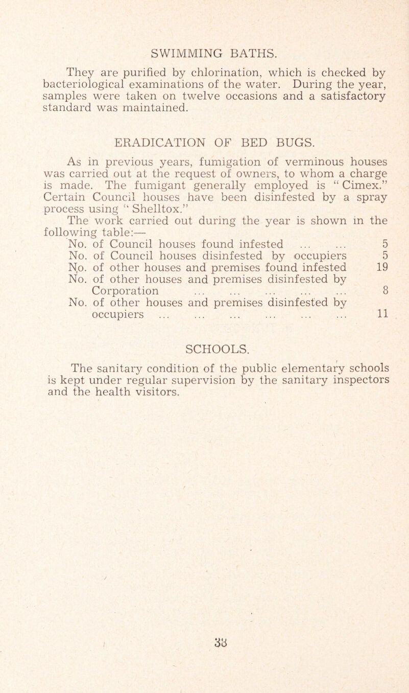 SWIMMING BATHS. They are purified by chlorination, which is checked by bacteriological examinations of the water. During the year, samples were taken on twelve occasions and a satisfactory standard was maintained. ERADICATION OF BED BUGS. As in previous years, fumigation of verminous houses was carried out at the request of owners, to whom a charge is made. The fumigant generally employed is “ Cimex.” Certain Council houses have been disinfested by a spray process using “ Shelltox.” The work carried out during the year is shown in the following table:— No. of Council houses found infested ... ... 5 No. of Council houses disinfested by occupiers 5 Np. of other houses and premises found infested 19 No. of other houses and premises disinfested by Corporation ... ... ... ... ... 8 No. of other houses and premises disinfested by occupiers ... ... ... ... ... ... 11 SCHOOLS. The sanitary condition of the public elementary schools is kept under regular supervision by the sanitary inspectors and the health visitors. / / 3a