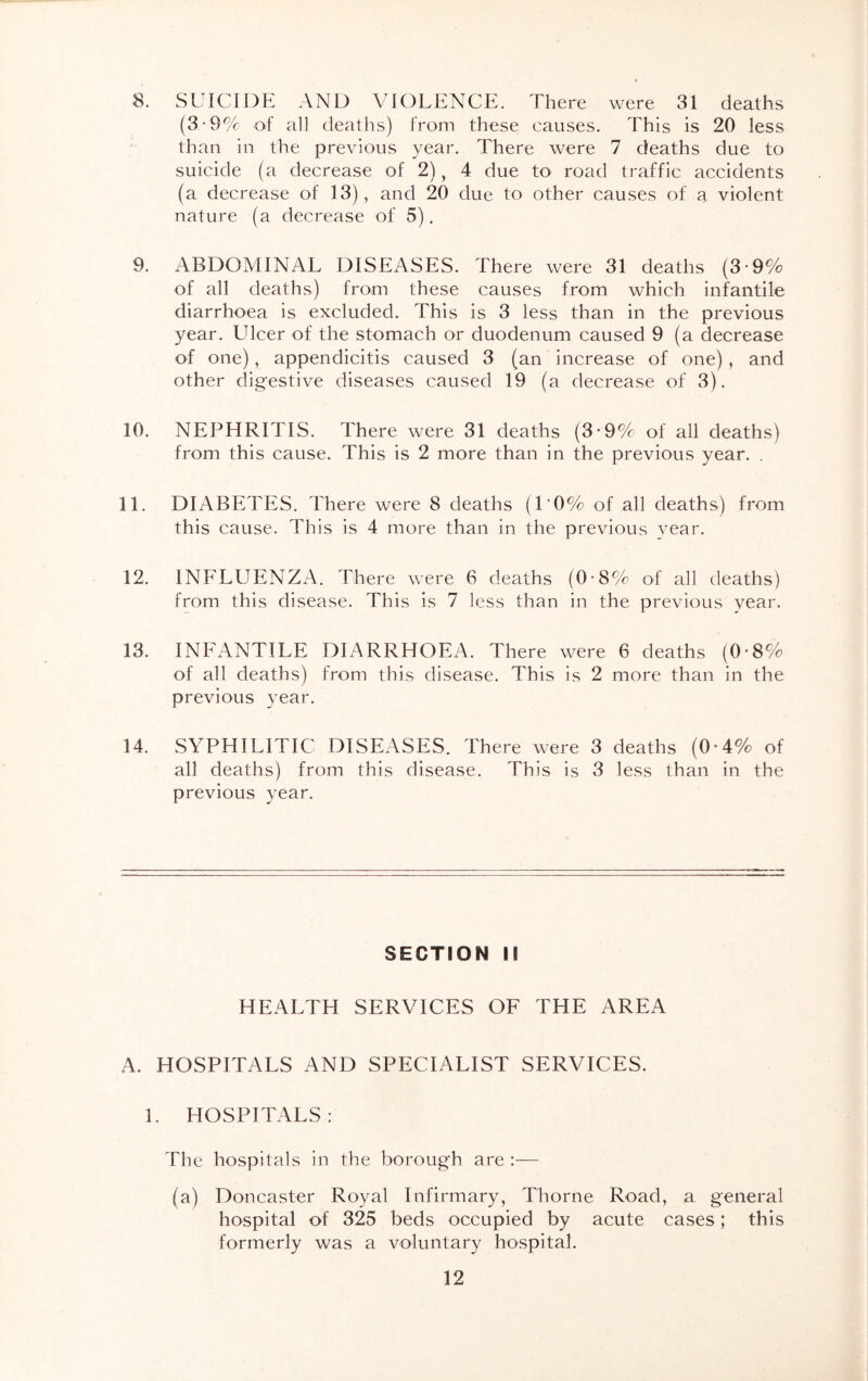 8. SUICIDE AND VIOLENCE. There were 31 deaths (3-9% of all deaths) from these eauses. This is 20 less than in the previous year. There were 7 deaths due to suicide (a decrease of 2), 4 due to road traffic accidents (a decrease of 13), and 20 due to other causes of a violent nature (a decrease of 5). 9. ABDOMINAL DISEASES. There were 31 deaths (3-9% of all deaths) from these causes from which infantile diarrhoea is excluded. This is 3 less than in the previous year. Ulcer of the stomach or duodenum caused 9 (a decrease of one), appendicitis caused 3 (an increase of one), and other digestive diseases caused 19 (a decrease of 3). 10. NEPHRITIS. There were 31 deaths (3*9% of all deaths) from this cause. This is 2 more than in the previous year. . 11. DIABETES. There were 8 deaths (1*0% of all deaths) from this cause. This is 4 more than in the previous year. 12. INFLUENZA. There were 6 deaths (0-8% of all deaths) from this disease. This is 7 less than in the previous year. 13. INFANTILE DIARRHOEA. There were 6 deaths (0-8% of all deaths) from this disease. This is 2 more than in the previous year. 14. SYPHILITIC DISEASES. There were 3 deaths (0-4% of all deaths) from this disease. This is 3 less than in the previous year. SECTION I! HEALTH SERVICES OF THE AREA A. HOSPITALS AND SPECIALIST SERVICES. 1. HOSPITALS: The hospitals in the borough are :— (a) Doncaster Royal Infirmary, Thorne Road, a general hospital of 325 beds occupied by acute cases; this formerly was a voluntary hospital.