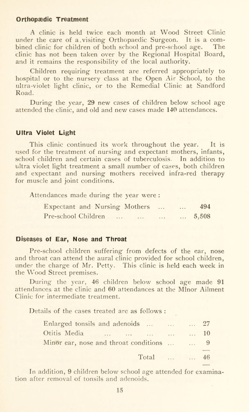 Orthopaedic Treatment A clinic is held twice each month at Wood Street Clinic under the care of a.visiting Orthopaedic Surgeon. It is a com- bined clinic for children of both school and pre-school age. The clinic has not been taken over by the Regional Hospital Board, and it remains the responsibility of the local authority. Children requiring treatment are referred appropriately to hospital or to the nursery class at the Open Air School, to the ultra-violet light clinic, or to the Remedial Clinic at Sandford Road. During the year, 29 new cases of children below school age attended the clinic, and old and new cases made 140 attendances. Ultra Violet Light This clinic continued its work throughout ihe year. It is used for the treatment of nursing and expectant mothers, infants, school children and certain cases of tuberculosis. In addition to ultra violet light treatment a small number of cases, both children and expectant and nursing mothers received infra-red therapy for muscle and joint conditions. Attendances made during the year were : Expectant and Nursing Mothers ... ... 494 Pre-school Children ... ... ... ... 5,508 Diseases of Ear, Nose and Throat Pre-school children suffering from defects of the ear, nose and throat can attend the aural clinic provided for school children, under the charge of Mr. Petty. This clinic is held each week in the Wood Street premises. During the year, 46 children below school age made 91 attendances at the clinic and 60 attendances at the Minor Ailment Clinic for intermediate treatment. Details of the cases treated are as follows : Enlarged tonsils and adenoids ... ... ... 27 Otitis Media ... ... ... ... ... 10 Minor ear, nose and throat conditions ... ... 9 Total ... ... 46 In addition, 9 children below school age attended for examina- tion after removal of tonsils and adenoids.