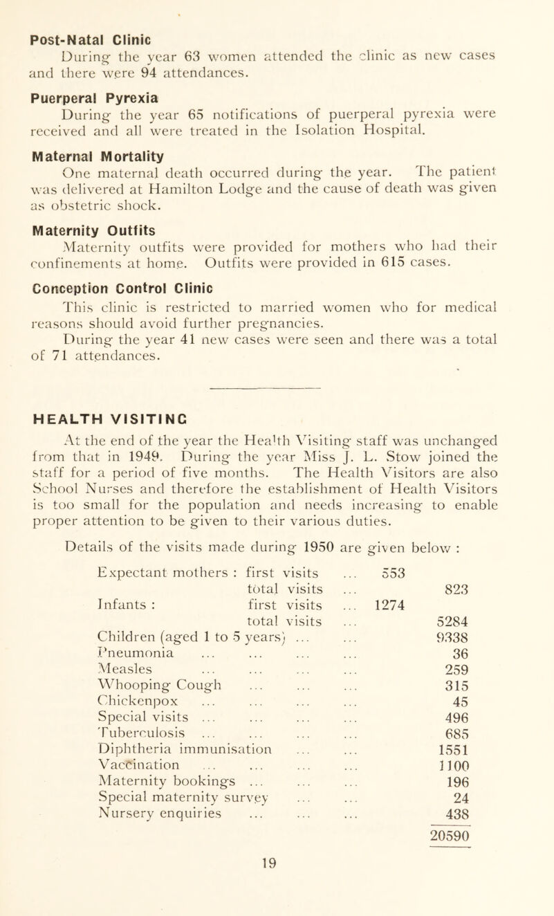 Post-Natal Clinic During- the year 63 women attended the clinic as new cases and there were 94 attendances. Puerperal Pyrexia During the year 65 notifications of puerperal pyrexia were received and all were treated in the Isolation Hospital. Maternal Mortality One maternal death occurred during the year. The patient was delivered at Hamilton Lodge and the cause of death was given as obstetric shock. Maternity Outfits Maternity outfits were provided for mothers who had their confinements at home. Outfits were provided in 615 cases. Conception Control Clinic This clinic is restricted to married women who for medical reasons should avoid further pregnancies. During the year 41 new cases were seen and there was a total of 71 attendances. HEALTH VISITING At the end of the year the HeaUh Visiting staff was unchanged from that in 1949. During the year Miss J. L. vStow joined the staff for a period of five months. The Health Visitors are also School Nurses and therefore the establishment of Health Visitors is too small for the population and needs increasing to enable proper attention to be given to their various duties. Details of the visits made during 1950 are given below : Expectant mothers : first visits total visits Infants : first visits total visits Children (aged 1 to 5 years) ... .T'neumonia .Measles Whooping Cough Chickenpox Special visits ... T uberculosis Diphtheria immunisation Vaccination Maternity bookings ... Special maternity survey Nursery enquiries 553 823 1274 5284 9338 36 259 315 45 496 685 1551 noo 196 24 438 20590