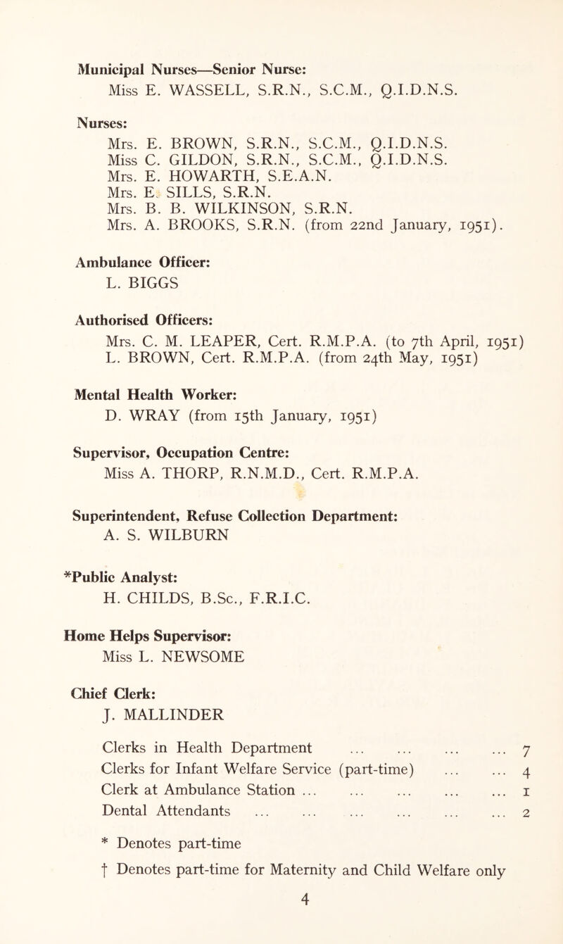 Municipal Nurses—Senior Nurse: Miss E. WASSELL, S.R.N., S.C.M., Q.LD.N.S. Nurses: Mrs. E. BROWN, S.R.N., S.C.M., Q.I.D.N.S. Miss C. GILDON, S.R.N., S.C.M., Q.I.D.N.S. Mrs. E. HOWARTH, S.E.A.N. Mrs. E. SILLS, S.R.N. Mrs. B. B. WILKINSON, S.R.N. Mrs. A. BROOKS, S.R.N. (from 22nd January, 1951). Ambulance Officer: L. BIGGS Authorised Officers: Mrs. C. M. LEAPER, Cert. R.M.P.A. (to 7th April, 1951) L. BROWN, Cert. R.M.P.A. (from 24th May, 1951) Mental Health Worker: D. WRAY (from 15th January, 1951) Supervisor, Occupation Centre: Miss A. THORP, R.N.M.D., Cert. R.M.P.A. Superintendent, Refuse Collection Department: A. S. WILBURN ^Public Analyst: H. CHILDS, B.Sc., F.R.I.C. Home Helps Supervisor: Miss L. NEWSOME Chief Clerk: J. MALLINDER Clerks in Health Department ... ... ... ... 7 Clerks for Infant Welfare Service (part-time) ... ... 4 Clerk at Ambulance Station ... ... 1 Dental Attendants ... ... ... ... ... ... 2 * Denotes part-time t Denotes part-time for Maternity and Child Welfare only