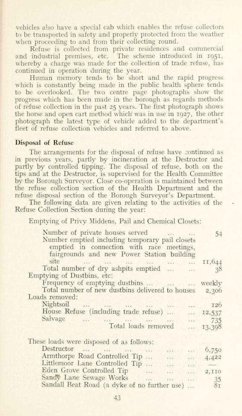 vehicles also have a special cab which enables the refuse collectors to be transported in safety and properly protected from the weather when proceeding to and from their collecting round. Refuse is collected from private residences and commercial and industrial premises, etc. The scheme introduced in 1951, whereby a charge was made for the collection of trade refuse, has continued in operation during the year. Human memor}^ tends to be short and the rapid progress which is constantly being made in the public health sphere tends to be overlooked. The two centre page photographs show the progress which has been made in the borough as regards methods of refuse collection in the past 25 years. The first photograph shows the horse and open cart method which' was in use in 1927, the other photograph the latest type of vehicle added to the department’s fleet of refuse collection vehicles and referred to above. Disposal of Refuse The arrangements for the disposal of refuse have continued as in previous years, partly by incineration at the Destructor and partly by controlled tipping. The disposal of refuse, both on the tips and at the Destructor, is supervised for the Health Committee by the Borough Surveyor. Close co-operation is maintained between the refuse collection section of the Health Department and the refuse disposal section of the Borough Surveyor’s Department. The following data are given relating to the activities of the Refuse Collection Section during the year: Emptying of Privy Middens, Pail and Chemical Closets: Number of private houses served ... ... 54 Number emptied including temporary pail closets emptied in connection with race meetings, fairgrounds and new Power Station building site ... ... 11,644 Total number of dry ashpits emptied ... ... 38 Emptying of Dustbins, etc: Frequency of emptying dustbins ... ... ... weekly Total number of new dustbins delivered to houses 2,306 Loads removed: Nightsoil 126 House Refuse (including trade refuse) ... ... 12,537 Salvage 735 Total loads removed ... 13,398 These loads were disposed of as follows: Destructor ... ... ... ... ... ... 6,750 Armthorpe Road Controlled Tip 4,422 Littlemoor Lane Controlled Tip ... ... ... Eden Grove Controlled Tip ... 2,110 Sand^^ Lane Sewage Works ... ... ... 35 Sandall Beat Road (a dyke of no further use) ... 81
