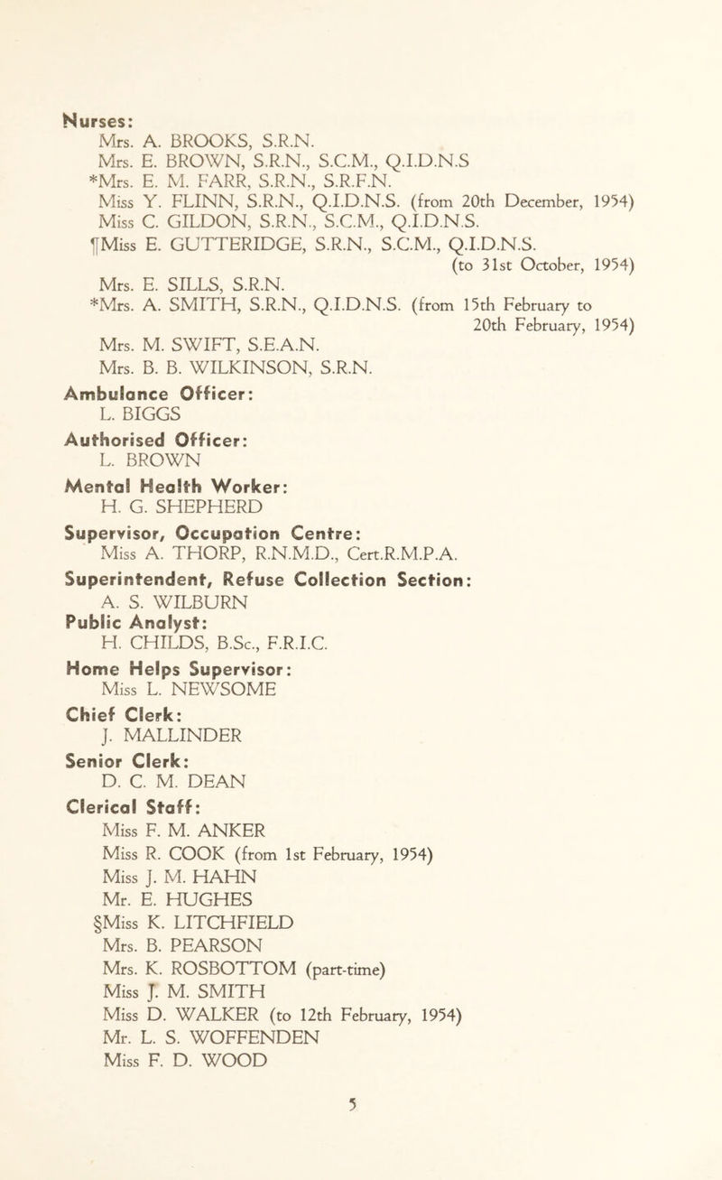 Nurses: Mrs. A. BROOKS, S.R.N. Mrs. E. BROWN, S.R.N., S.C.M., Q.I.D.N.S *Mrs. E. M. FARR, S.R.N., S.R.F.N. Miss Y. FLINN, S.R.N., Q.I.D.N.S. (from 20th December, 1954) Miss C. GILDON, S.R.N., S.C.M., Q.I.D.N.S. Miss E. GUTTERIDGE, S.R.N., S.C.M., Q.I.D.N.S. (to 31st October, 1954) Mrs. E. SILLS, S.R.N. *Mrs. A. SMITH, S.R.N., Q.I.D.N.S. (from 15th February to 20th February, 1954) Mrs. M. SWIFT, S.E.A.N. Mrs. B. B. WILKINSON, S.R.N. Ambulance Officer: L. BIGGS Authorised Officer: L. BROWN Mental Health Worker: H. G. SHEPHERD Supervisor, Occupation Centre: Miss A. THORP, R.N.M.D., Cert.R.M.P.A. Superintendent, Refuse Collection Section: A. S. WILBURN Public Analyst: H. CHILDS, B.Sc., F.R.I.C. Home Helps Supervisor: Miss L. NEWSOME Chief Clerk: J. MALLINDER Senior Clerk: D. C. M. DEAN Clerical Staff: Miss F. M. ANKER Miss R. COOK (from 1st February, 1954) Miss J. M. HAHN Mr. E. PfUGHES §Miss K. LITCHFIELD Mrs. B. PEARSON Mrs. K. ROSBOTTOM (part-time) Miss J. M. SMITH Miss D. WALKER (to 12th February, 1954) Mr. L. S. WOFFENDEN Miss F. D. WOOD