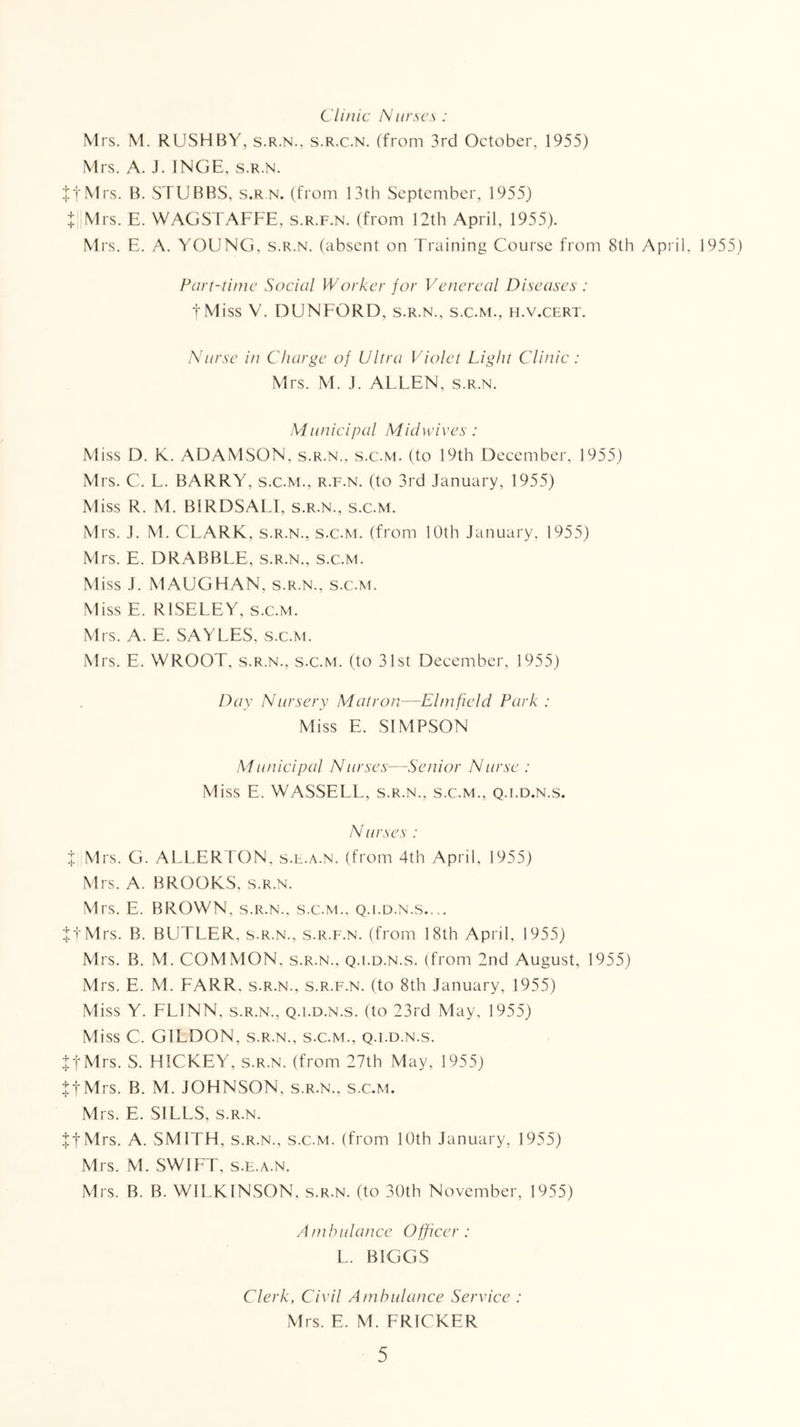 ++ Clinic Ninwc', : Mrs. M. RUSH BY, s.r.n., s.r.c.n. (from 3rd October, 1955) Mrs. A. J. INGE, s.r.n. + t Nil's. B. STUBBS, s.r N. (from 13th September, 1955) :,|Mrs. E. WAGSTAFFE, s.r.f.n. (from 12th April, 1955). Part-time Social Worker for Venereal Diseases : Nurse in Charge of Ultra Violet Light Clinic : Mrs. M. J. ALLEN, s.r.n. Municipal Mid wives : Miss D. K. ADAMSON, s.r.n., s.c.m. (to 19th December, 1955) Mrs. C. L. BARRY, s.c.m., r.f.n. (to 3rd January, 1955) Miss R. M. BIRDSALI, s.r.n., s.c.m. Mrs. J. M. CLARK, s.r.n., s.c.m. (from 10th January, 1955) Mrs. E. DRABBLE, s.r.n., s.c.m. Miss J. MAUGHAN, s.r.n., s.c.m. Miss E. RISELEY, s.c.m. Mrs. A. E. SAYLES, s.c.m. Day Nursery Matron—Elm field Park : Miss E. SIMPSON Mluneipal Nurses—Senior Nurse : Miss E. WASSELL, s.r.n., s.c.m., q.i.d.n.s. Nurses : J Mrs. G. ALLERTON, s.f.a.n. (from 4th April. 1955) Mrs. A. BROOKS, s.r.n. Mrs. E. BROWN, s.r.n., s.c.m., q.i.d.n.s. .. JtMrs. B. BUTLER, s.r.n., s.r.f.n. (from 18th April, 1955) Mrs. B. M. COMMON, s.r.n., q.i.d.n.s. (from 2nd August, 1955) Mrs. E. M. FARR, s.r.n., s.r.f.n. (to 8th January, 1955) Miss Y. FLINN, s.r.n., q.i.d.n.s. (to 23rd May, 1955) Miss C. GILDON, s.r.n., s.c.m., q.i.d.n.s. JtMrs. S. HICKEY, s.r.n. (from 27th May, 1955) :|;tMrs. B. M. JOHNSON, s.r.n., s.c.m. Mrs. E. SILLS, s.r.n. tMrs. A. SMITH, s.r.n., s.c.m. (from 10th January, 1955) Mrs. M. SWIFT, s.E.a.n. Mrs. B. B. WILKINSON, s.r.n. (to 30th November, 1955) Ambulance Officer: L. BIGGS Clerk, Civil Ambulance Service : Mrs. E. M. PRICKER 5