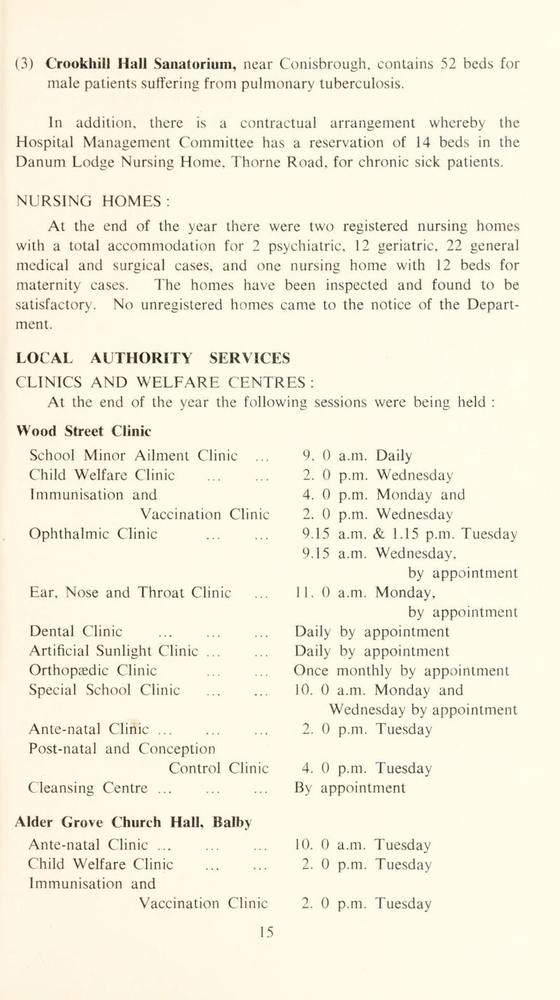 (3) Crookhill Hall Sanatorium, near Conisbrough, contains 52 beds for male patients suffering from pulmonary tuberculosis. In addition, there is a contractual arrangement whereby the Hospital Management Committee has a reservation of 14 beds in the Danum Lodge Nursing Home, Thorne Road, for chronic sick patients. NURSING HOMES : At the end of the year there were two registered nursing homes with a total accommodation for 2 psychiatric, 12 geriatric, 22 general medical and surgical cases, and one nursing home with 12 beds for maternity cases. The homes have been inspected and found to be satisfactory. No unregistered homes came to the notice of the Depart- ment. LOCAL AUTHORITY SERVICES CLINICS AND WELFARE CENTRES : At the end of the year the following sessions were being held : Wood Street Clinic School Minor Ailment Clinic Child Welfare Clinic Immunisation and Vaccination Clinic Ophthalmic Clinic Ear, Nose and Throat Clinic Dental Clinic Artificial Sunlight Clinic ... Orthopaedic Clinic Special School Clinic Ante-natal Clinic ... Post-natal and Conception Control Clinic Cleansing Centre ... Alder Grove Church Hall, Balby Ante-natal Clinic ... Child Welfare Clinic Immunisation and Vaccination Clinic 9. 0 a.m. Daily 2. 0 p.m. Wednesday 4. 0 p.m. Monday and 2. 0 p.m. Wednesday 9.15 a.m. & 1.15 p.m. Tuesday 9.15 a.m. Wednesday, by appointment 11.0 a.m. Monday, by appointment Daily by appointment Daily by appointment Once monthly by appointment 10. 0 a.m. Monday and Wednesday by appointment 2. 0 p.m. Tuesday 4. 0 p.m. Tuesday By appointment 10. 0 a.m. Tuesday 2. 0 p.m. Tuesday 2. 0 p.m. Tuesday