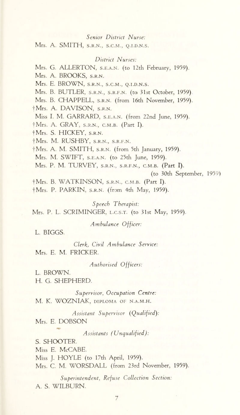 Senior District Nurse: Mrs. A. SMITH, s.r.n., s.c.m., q.i.d.n.s. District Nurses: Mrs. G. ALLERTON, s.e.a.n. (to 12th February, 1959). Mrs. A. BROOKS, s.r.n. Mrs. E. BROWN, s.r.n., s.c.m., q.i.d.n.s. Mrs. B. BUTLER, s.r.n., s.r.f.n. (to 31st October, 1959). Mrs. B. CHAPPELL, s.r.n. (from 16th November, 1959). tMrs. A. DAVISON, s.r.n. Miss I. M. GARRARD, s.e.a.n. (from 22nd June, 1959). tMrs. A. GRAY, S.R.N., C.M.B. (Part I). tMrs. S. HICKEY, s.r.n. fMrs. M. RUSHBY, s.r.n., s.r.f.n. tMrs. A. M. SMITH, S.R.N. (from 5th January, 1959). Mrs. M. SWIFT, S.E.A.N. (to 25tb June, 1959). Mrs. P. M. TURVEY, s.r.n., s.r.f.n., c.m.b. (Part I). (to 30th September, 1959) fMrs. B. WATKINSON, s.r.n., c.m.b. (Part I). tMrs. P. PARKIN, s.r.n. (from 4th May, 1959). Speech Therapist: Mrs. P. L. SCRIMINGER, l.c.s.t. (to 31st May, 1959). Ambulance Officer: L. BIGGS. Clerk, Civil Ambulance Service: Mrs. E. M. PRICKER. Authorised Officers: L. BROWN. H. G. Sh-IEPHERD. Supervisor, Occupation Centre: M. K. WOZNIAK, DIPLOMA of n.a.m.h. Assistant Supervisor (Qualified): Mrs. E. DOBSON Assistants (Unqualified): S. SHOOTER. Miss E. McCABE. Miss J. HOYLE (to 17th April, 1959). Mrs. C. M. WORSDALL (from 23rd November, 1959). Superintendent, Refuse Collection Section: A. S. WILBURN.