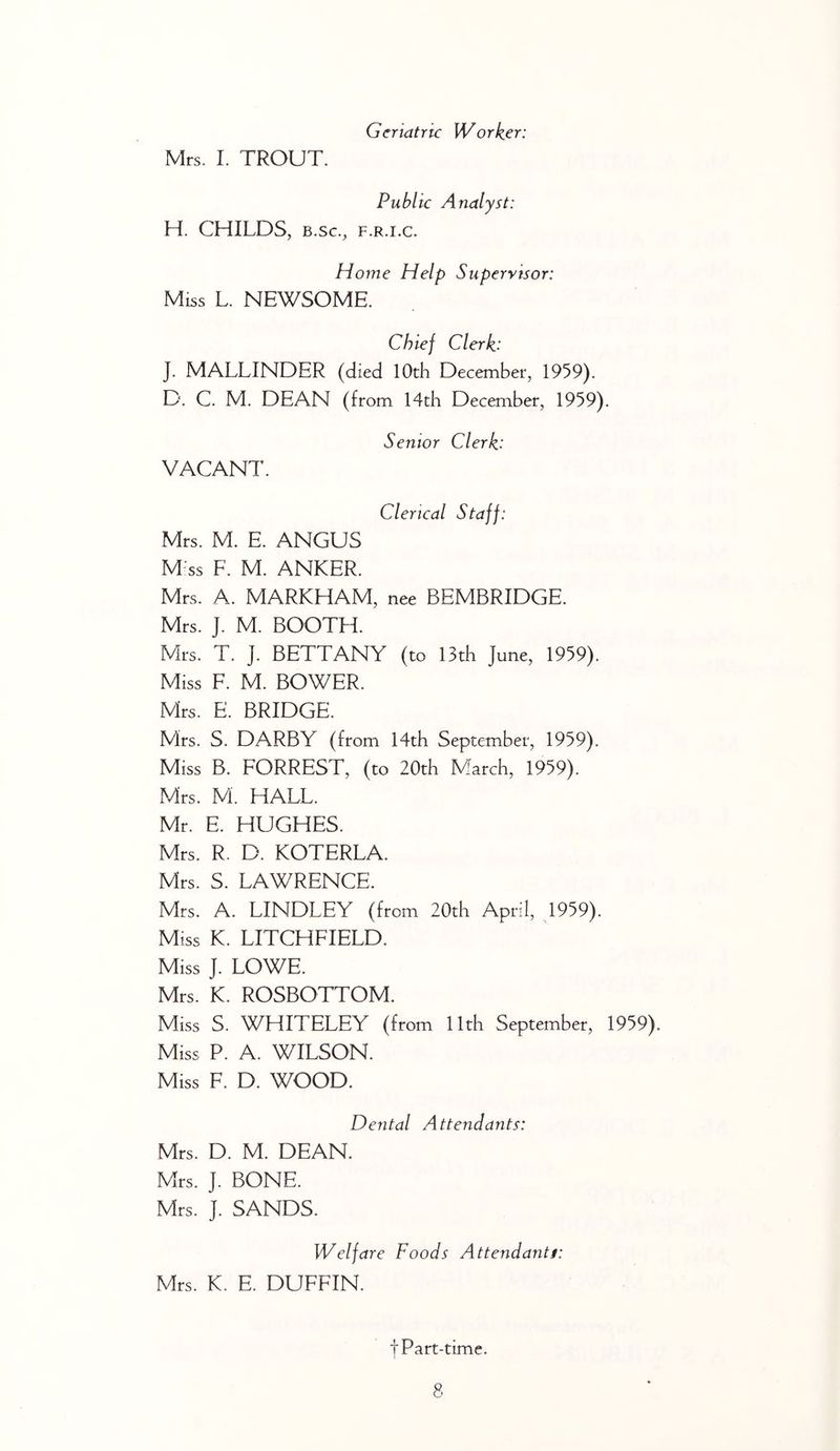 Mrs. I. TROUT. Geriatric Worker: Public Analyst: H. CHILDS, B.sc., F.R.i.c. Home Help Supervisor: Miss L. NEWSOME. Chief Clerh J. MALLINDER (died 10th December, 1959). D. C. M. DEAN (from 14th December, 1959). VACANT. Senior Clerk: Clerical Staff: Mrs. M. E. ANGUS M ss F. M. ANKER. Mrs. A. MARKHAM, nee BEMBRIDGE. Mrs. J. M. BOOTH. Mrs. T. J. BETTANY (to 13th June, 1959). Miss F. M. BOWER. Mrs. E. BRIDGE. Mlrs. S. DARBY (from 14th September, 1959). Miss B. FORREST, (to 20th March, 1959). Mrs. M. HALL. Mr. E. HUGHES. Mrs. R. D. KOTERLA. Mrs. S. LAWRENCE. Mrs. A. LINDLEY (from 20th April, 1959). Miss K. LITCHFIELD. Miss J. LOWE. Mrs. K. ROSBOTTOM. Miss S. WHITELEY (from 11th September, 1959). Miss P. A. WILSON. Miss F. D. WOOD. Dental Attendants: Mrs. D. M. DEAN. Mrs. J. BONE. Mrs. ]. SANDS. Welfare Foods Attendants: Mrs. K. E. DUFFIN. t Part-time.