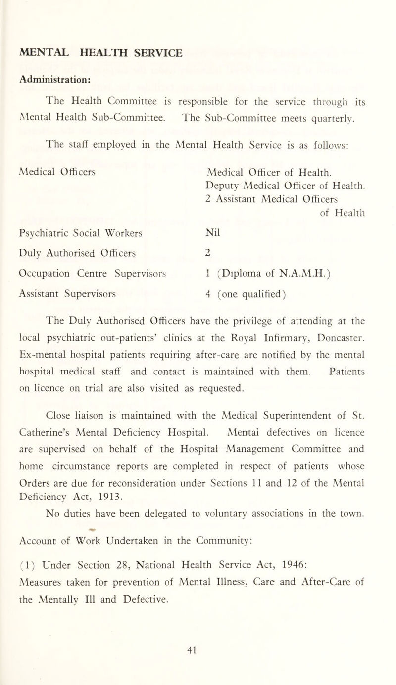 MENTAL HEALTH SERVICE Administration: The Health Committee is responsible for the service through its Mental Health Sub-Committee. The Sub-Committee meets quarterly. The staff employed in the Mental Health Service is as follows: Medical Officers Psychiatric Social Workers Duly Authorised Officers Occupation Centre Supervisors Assistant Supervisors Medical Officer of Health. Deputy Medical Officer of Health. 2 Assistant Medical Officers of Health Nil 1 (Diploma of N.A.M.H.) 4 (one qualihed) The Duly Authorised Officers have the privilege of attending at the local psychiatric out-patients’ clinics at the Royal Infirmary, Doncaster. Ex-mental hospital patients requiring after-care are notified by the mental hospital medical staff and contact is maintained with them. Patients on licence on trial are also visited as requested. Close liaison is maintained with the Medical Superintendent of St. Catherine’s .Mental Deficiency Hospital. Mental defectives on licence are supervised on behalf of the Hospital Management Committee and home circumstance reports are completed in respect of patients whose Orders are due for reconsideration under Sections 11 and 12 of the Mental Deficiency Act, 1913. No duties have been delegated to voluntary associations in the town. Account of Work Undertaken in the Community: (1) Under Section 28, National Health Service Act, 1946: .Measures taken for prevention of Mental Illness, Care and After-Care of the Mentallv 111 and Defective.