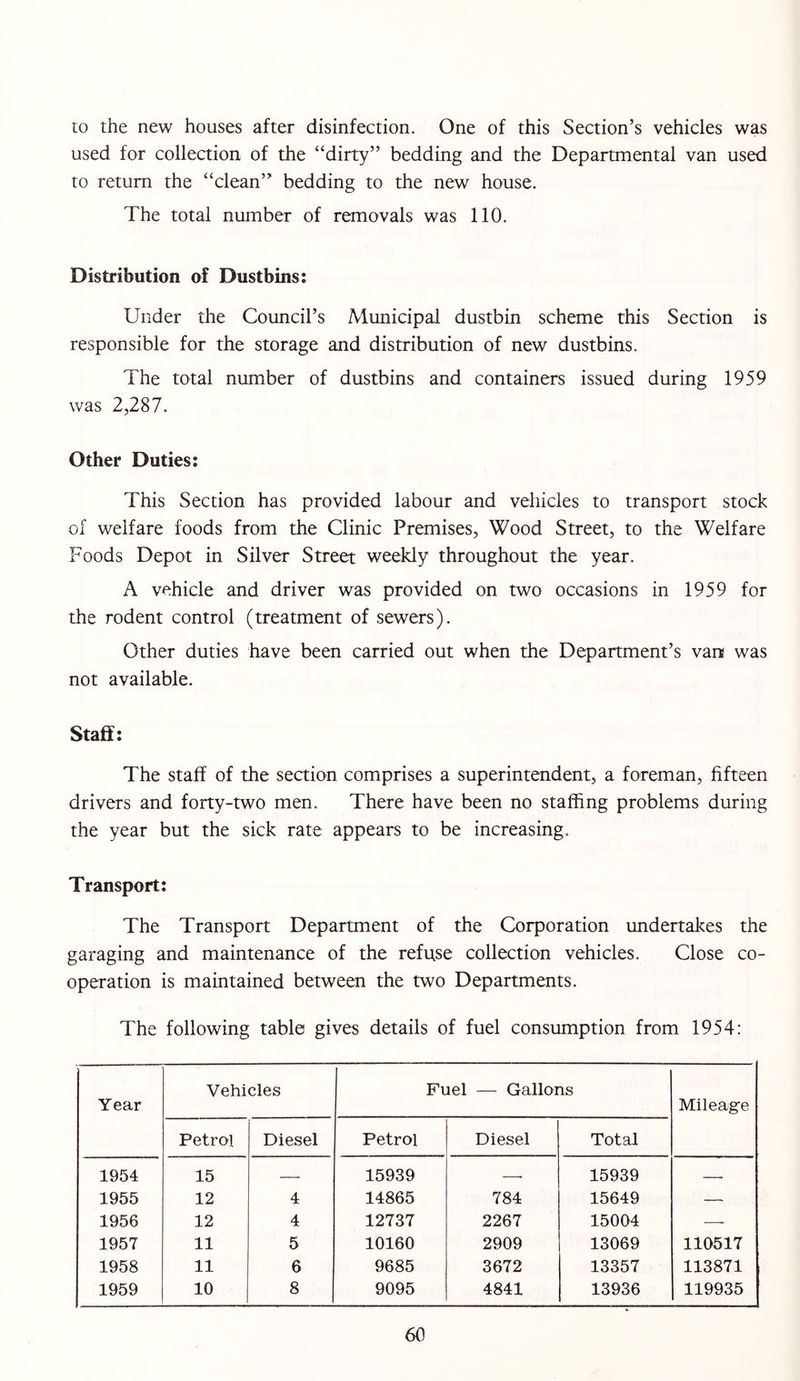 10 the new houses after disinfection. One of this Section’s vehicles was used for collection of the “dirty” bedding and the Departmental van used to return the “clean” bedding to the new house. The total number of removals was 110. Distribution of Dustbins; Under the Council’s Municipal dustbin scheme this Section is responsible for the storage and distribution of new dustbins. The total number of dustbins and containers issued during 1959 was 2,287. Other Duties: This Section has provided labour and vehicles to transport stock of welfare foods from the Clinic Premises, Wood Street, to the Welfare Foods Depot in Silver Street weekly throughout the year. A vehicle and driver was provided on two occasions in 1959 for the rodent control (treatment of sewers). Other duties have been carried out when the Department’s van was not available. Staff: The staff of the section comprises a superintendent, a foreman, fifteen drivers and forty-two men. There have been no staffing problems during the year but the sick rate appears to be increasing. Transport: The Transport Department of the Corporation undertakes the garaging and maintenance of the refuse collection vehicles. Close co- operation is maintained between the two Departments. The following table gives details of fuel consumption from 1954: Year Vehicles Fuel — Gallons Mileage Petrol Diesel Petrol Diesel Total 1954 15 — 15939 15939 ■ 1955 12 4 14865 784 15649 — 1956 12 4 12737 2267 15004 -—■ 1957 11 5 10160 2909 13069 110517 1958 11 6 9685 3672 13357 113871 1959 10 8 9095 4841 13936 119935