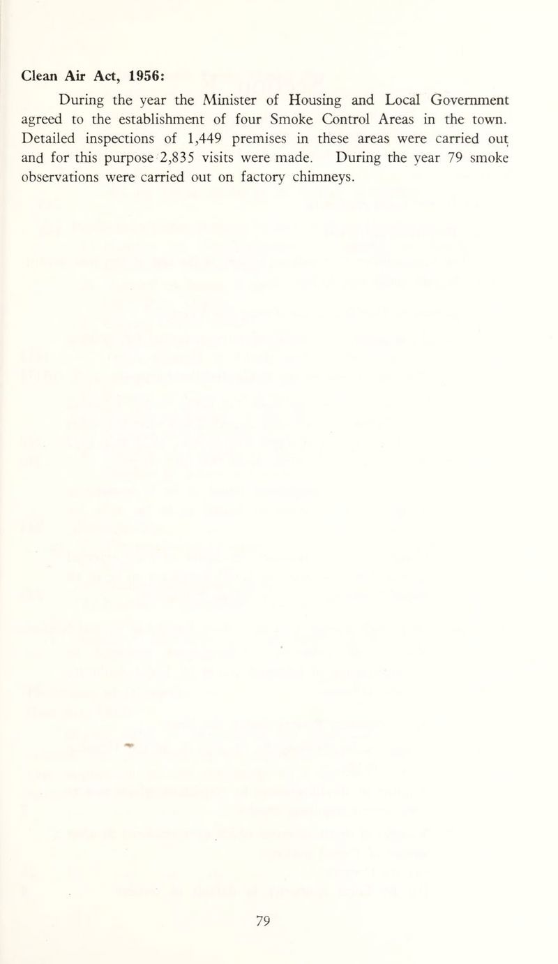Clean Air Act, 1956: During the year the Minister of Housing and Local Government agreed to the establishment of four Smoke Control Areas in the town. Detailed inspections of 1,449 premises in these areas were carried out and for this purpose 2,835 visits were made. During the year 79 smoke observations were carried out on factory chimneys.