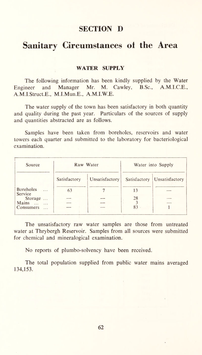 SECTION D Sanitary Circumstances ot the Area WATER SUPPLY The following information has been kindly supplied by the Water Engineer and Manager Mr. M. Cawley, B.Sc., A.M.I.C.E., A.M.I.Struct.E., M.I.Mun.E., A.M.LW.E. The water supply of the town has been satisfactory in both quantity and quality during the past year. Particulars of the sources of supply and quantities abstracted are as follows. Samples have been taken from boreholes, reservoirs and water towers each quarter and submitted to the laboratory for bacteriological examination. Source Raw Water Water into Supply Satisfactory Unsatisfactory Satisfactory Unsatisfactory Boreholes Service 63 7 13 — Storage ... — — 28 — Mains — — 3 — Consumers ... ■ “ 83 1 The unsatisfactory raw water samples are those from untreated water at Thrybergh Reservoir. Samples from all sources were submitted for chemical and mineralogical examination. No reports of plumbo-solvency have been received. The total population supplied from public water mains averaged 134,153.