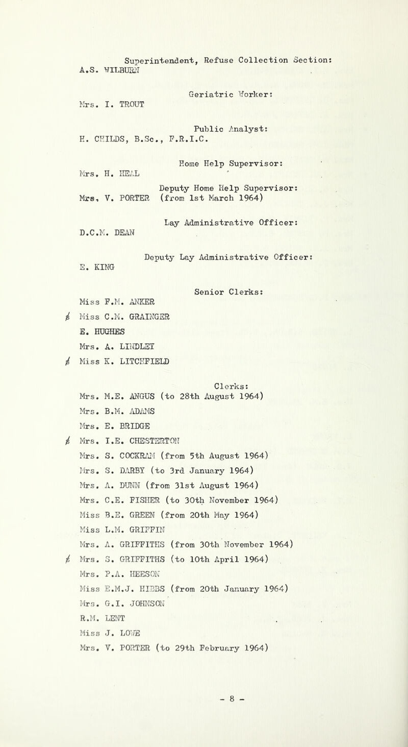 Superintendent, Refuse Collection Section A.S. WILBURN Mrs. I. TROUT Geriatric liorker; H. CHILDS, B.Sc Public Analysts ., P.R.I.C. Mrs. H. HEAL Home Help Supervisors Mrs, V. PORTER Deputy Home Help Supervisor (from 1st March 1964) D.C.M. DEiU-J Lay Administrative Officer Deputy Lay Administrative Officers S. KING Senior Clerkss Miss F.M. i\NKER i Miss C.M. GRAINGER E. HUGHES Mrs. A, LIIIDLSI i Miss K. LITCHFIELD Clerks: Mrs. M.E. ANGUS (to 28th August 1964) Mrs. B.M. /dliuMS Mrs. E. BRIDGE i Mrs. I.E. CHESTERTON Mrs. S. COCKR/Ji (from 5th August 1964) Mrs. S. DARBY (to 3rd January 1964) Mrs, A. DUNl'^ (from 31st August 1964) Mrs. C.E. FISHER (to 30th November 1964) Miss B.E. GREEN (from 20th May 1964) Miss L.M. GRIFFIN Mrs. A. GRIFFITHS (from 30th November 1964) Mrs. S. GRIFFITHS (to 10th A.pril 1964) Mrs. P.A. HEESON Miss E.M.J, KIBBS (from 20th January 1964) Mrs. G.I. JOHNSON R.M. LEI'JT Miss J. LO’TE Mrs. V. PORTER (to 29th February 1964)