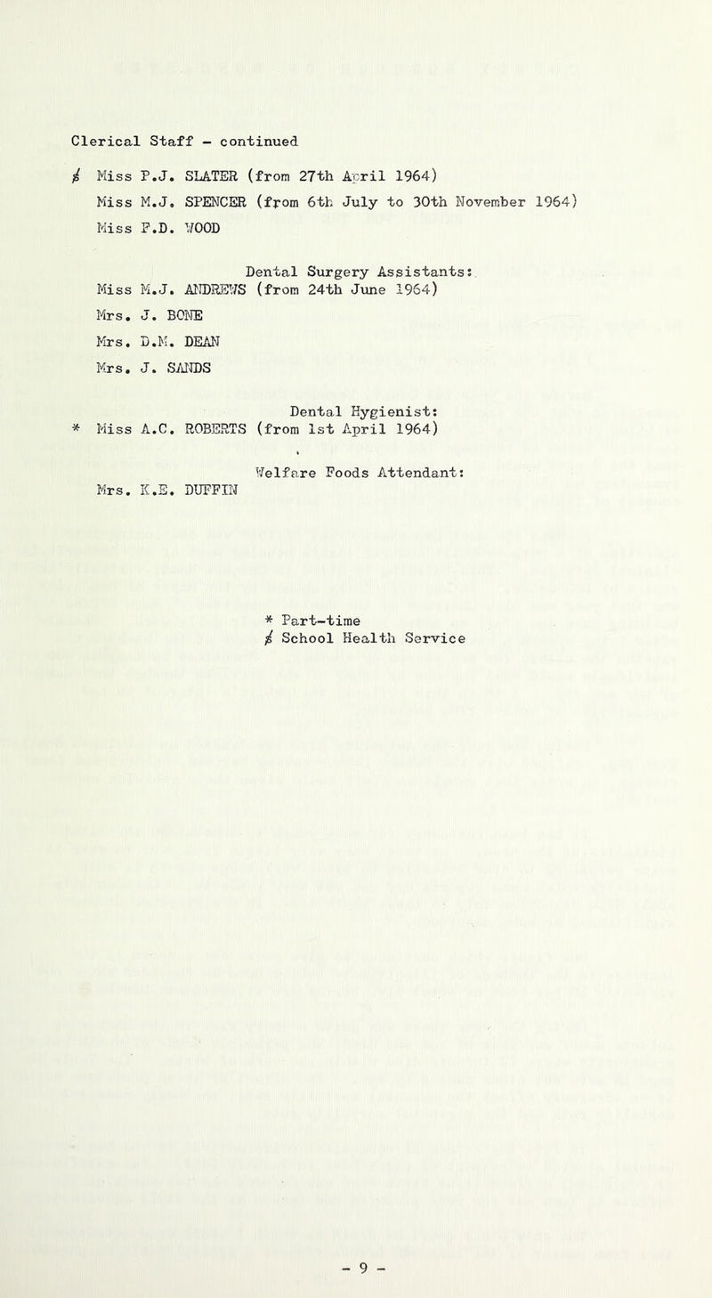 Clerical Staff - continued i Miss P.J. SLATER (from 27th April 1964) Miss M.J, SPENCER (from 6th July to 30th November 1964) Miss P.D. ¥00D Dental Surgery Assistants: Miss M.J. ANDRSNS (from 24th June 1964) Mrs, J. BONE Mrs. D.M. DEAN Mrs. J. SAIIDS Dental Hygienist: * Miss A.C. ROBERTS (from 1st April 1964) Welfare Poods Attendant: Mrs. K.S. DUFFIN * Part-time i School Health Service