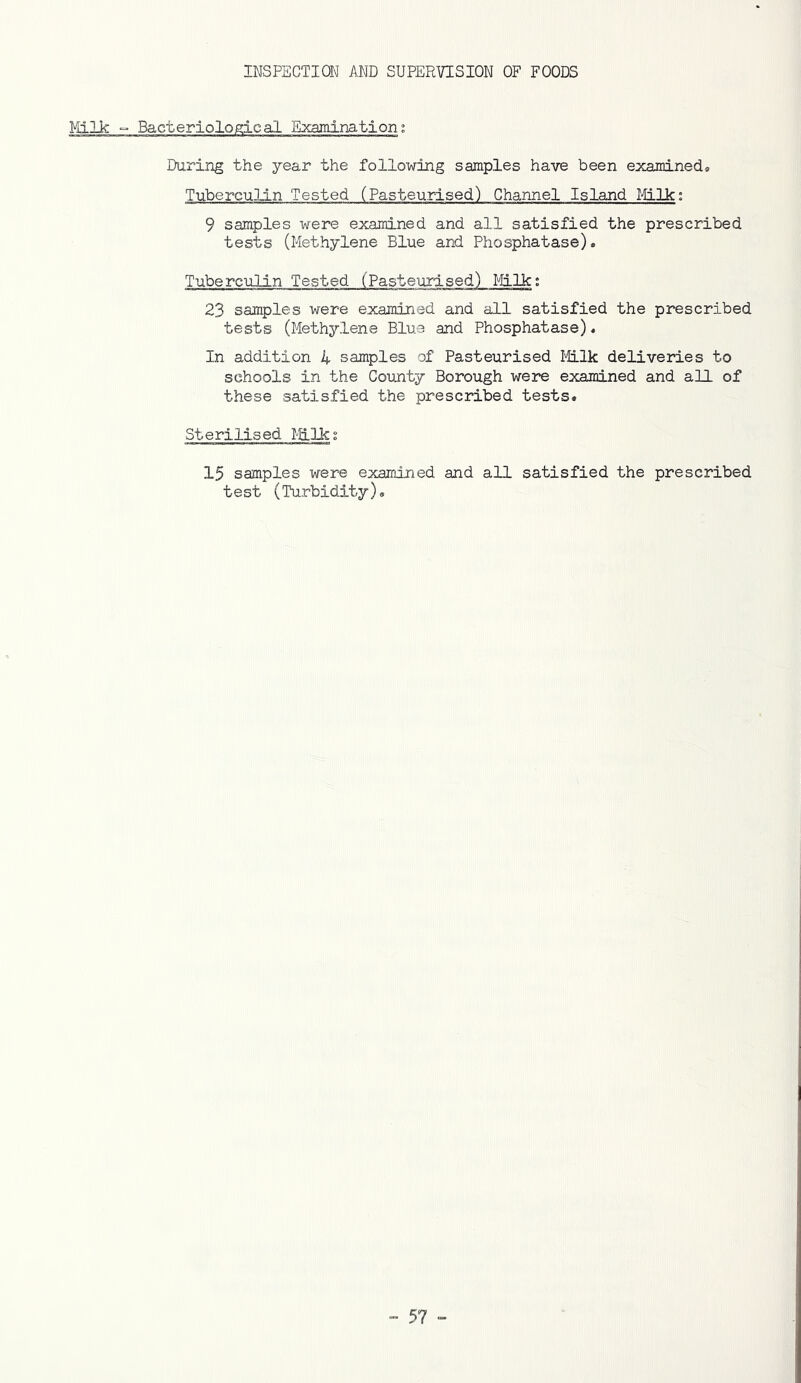 INSPECTION AND SUPERVISION OF FOODS Mlk  Bacteriological Examination; During the year the following samples have been examined® Tuberculin Tested (Pasteurised) Channel Island Mlk: 9 samples were examined and all satisfied the prescribed tests (Methylene Blue and Phosphatase). Tuberculin Tested (Pasteurised) Milk; 23 samples were examined and all satisfied the prescribed tests (Methylene Blue and Phosphatase). In addition 4 samples of Pasteurised Milk deliveries to schools in the County Borough were examined and all of these satisfied the prescribed tests. Sterilised Milk; 15 samples were examined and all satisfied the prescribed test (Turbidity).