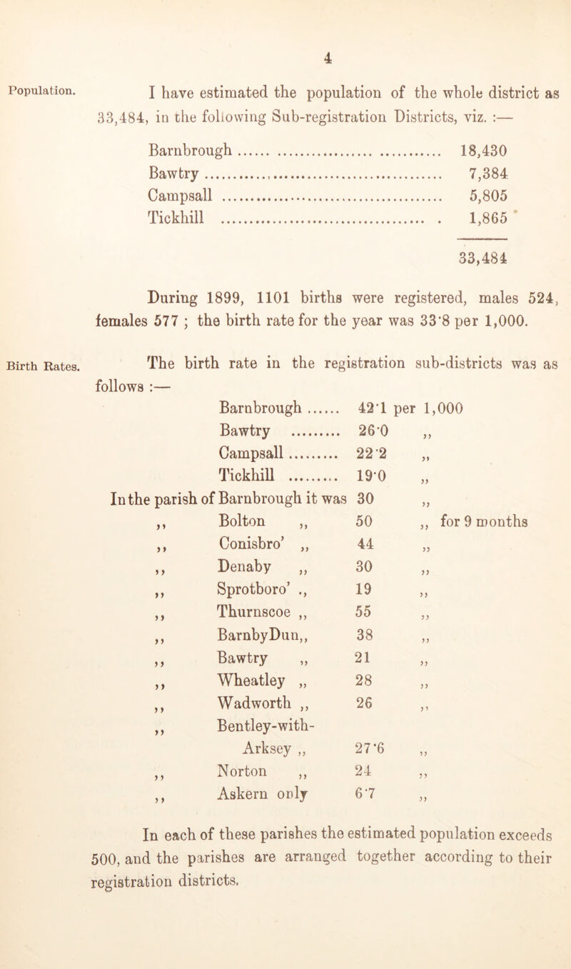 Population. Birth Rates. I have estimated the population of the whole district as 33,484, in the following Sub-registration Districts, viz. :— Barnbrough Bawtry Campsall .. Tickhill 18,430 7,384 5,805 1,865 ' 33,484 During 1899, 1101 births were registered, males 524, females 577 ; the birth rate for the year was 33‘8 per 1,000. The birth rate in the registration sub-districts was as follows >» > y } y y y y y y y y y y y yy y y y y Barnbrough 421 per 1,000 Bawtry 26-0 Campsall 22-2 >1 TickhiU 19-0 Barnbrough it was 30 yy Bolton ,, 50 „ for Conisbro’ „ 44 Denaby ,, 30 yy Sprotboro’ 19 yy Thurnscoe ,, 55 BarnbyDun,, 38 Bawtry „ 21 yy Wheatley „ 28 Wadworth ,, 26 y y Bentley-with- Arksey ,, 27-6 9? Norton ,, 24 ; y Askern only 67 yy for 9 months In each of these parishes the estimated population exceeds 500, and the parishes are arranged together according to their registration districts.