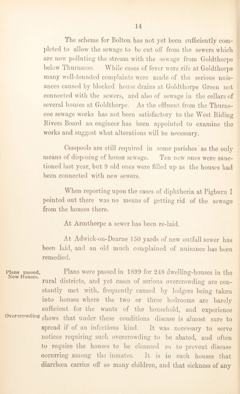 The scheme for Bolton has not yet been sufficiently com- pleted to allow the sewage to be cot off from the sewers which are now polluting the stream with the sewage from Goldthorpe below Thurnscoe, While cases of fever were rife at Goldthorpe many well-founded complaints were made of the serious nuis- ances caused by blocked house drains at Goldthorpe Green not connected with the sewers, and also of sewage in the cellars of several houses at Goldthorpe. As the effluent from the Thurns- coe sewage works has not been satisfactory to the West Biding Eivers Board an engineer has been appointed to examine the works and suggest what alterations will be necessary. Cesspools are still required in some parishes' as the only means of disposing of house sewage. Ten new ones were sanc- tioned last year, but 9 old ones were filled up as the houses had been connected with new sewers. When reporting upon the cases of diphtheria at Pigburn I pointed out there was no means of getting rid of the sewage from the houses there. At Armthorpe a sewer has been re-laid. At Adwick-on-Dearne 150 yards of new outfall sewer has been laid, and an old much complained of nuisance has been remedied. Plans passed, New Houses. Overcrowding Plans were passed in 1899 for 248 dwelling-houses in the rural districts, and yet cases of serious overcrowding are con- stantly met with, frequently caused by lodgers being taken into houses where the two or three bedrooms are barely sufficient for the wants of the household, and experience shows that under these conditions disease is almost sure to spread if of an infectious kind. It was necessary to serve notices requiring such overcrowding to be abated, and often to require the houses to be cleansed so to prevent disease occurring among the inmates. It is in such houses that diarrhoea carries off so many children, and that sickness of any