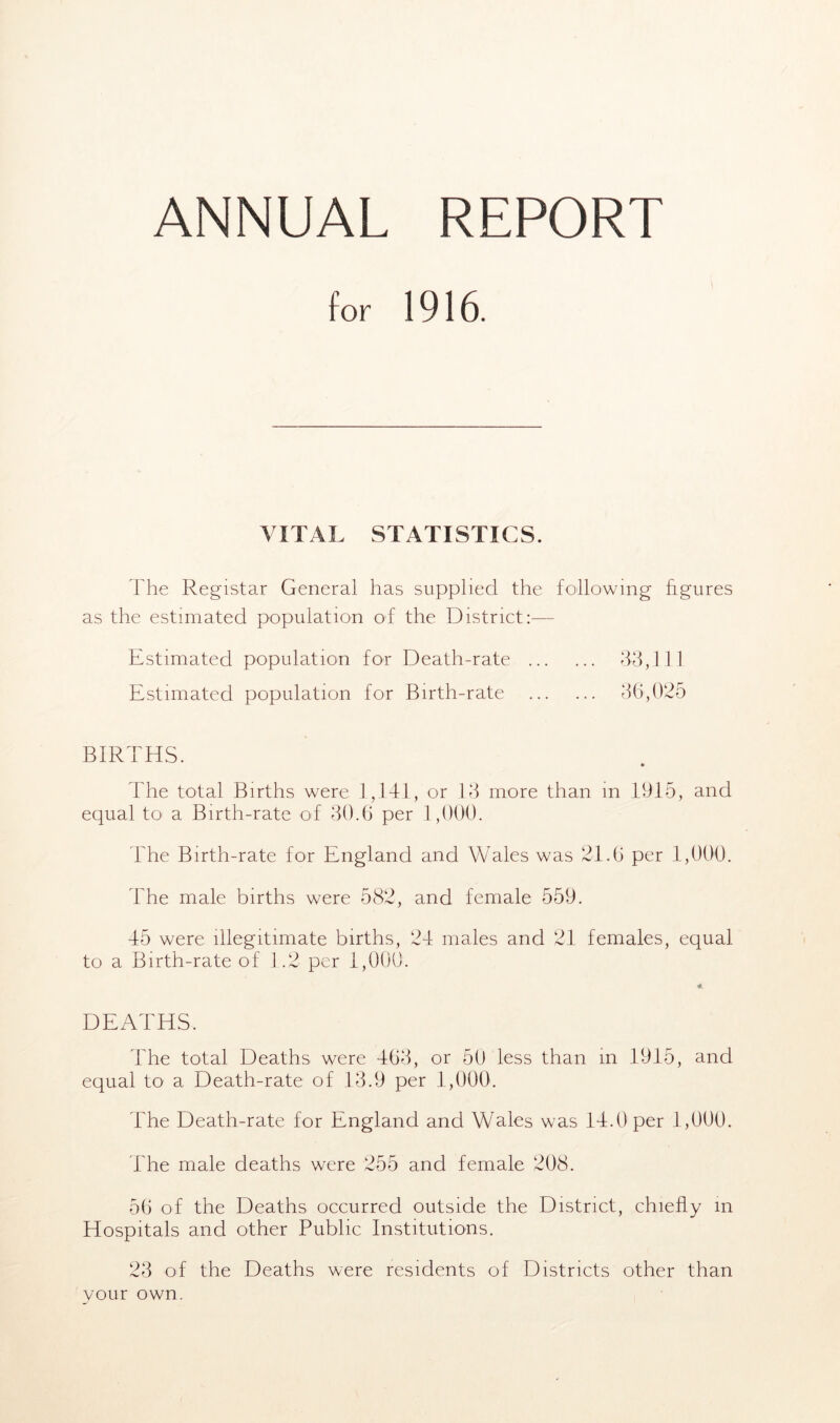ANNUAL REPORT for 1916. VITAL STATISTICS. The Registar General has supplied the following figures as the estimated population of the District:— Estimated population for Death-rate 33,111 Estimated population for Birth-rate 36,025 BIRTHS. The total Births were 1,141, or 13 more than in 1915, and equal to a Birth-rate of 30.6 per 1,000. The Birth-rate for England and Wales was 21.6 per 1,000. The male births were 582, and female 559. 15 were illegitimate births, 24 males and 21 females, equal to a Birth-rate of 1.2 per 1,000. 4. DEATHS. The total Deaths were 463, or 50 less than in 1915, and equal to a Death-rate of 13.9 per 1,000. The Death-rate for England and Wales was 14.0 per 1,000. The male deaths were 255 and female 208. 56 of the Deaths occurred outside the District, chiefly in Hospitals and other Public Institutions. 23 of the Deaths were residents of Districts other than vour own.