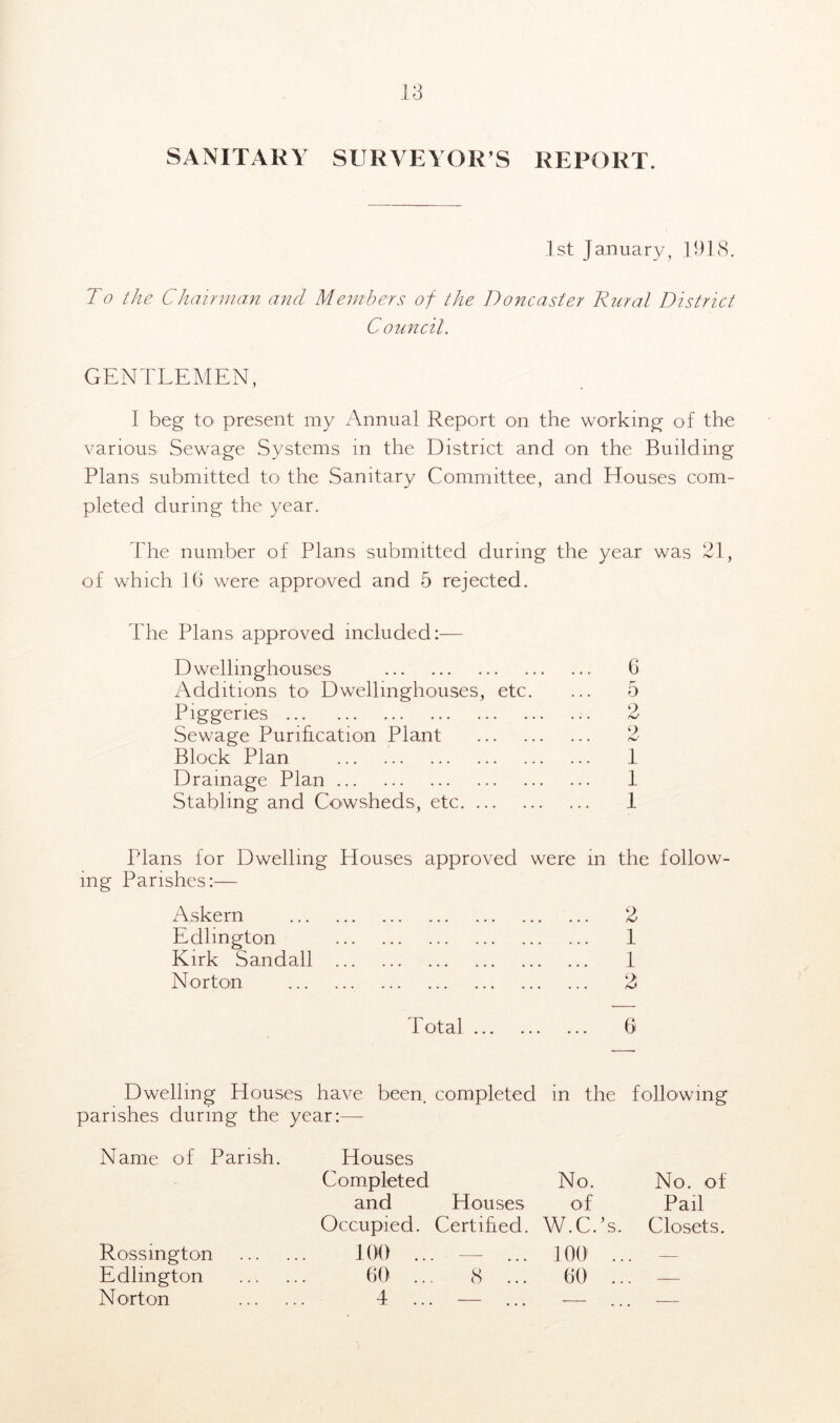 13 SANITARY SURVEYOR’S REPORT. 1st January, 1918. To the Chairman and Members of the Doncaster Rural District Council. GENTLEMEN, I beg to present my Annual Report on the working of the various Sewage Systems in the District and on the Building Plans submitted to the Sanitary Committee, and Houses com- pleted during the year. The number of Plans submitted during the year was 21, of which 16 were approved and 5 rejected. The Plans approved included:— Dwellmghouses 6 Additions to Dwellmghouses, etc. 5 Piggeries 2 Sewage Purification Plant o hJ Block Plan 1 Drainage Plan 1 Stabling and Cowsheds, etc 1 Plans for Dwelling Houses approved were in the follow mg Parishes:— Askern 2 Edlmgton 1 Kirk Sandall 1 Norton 2 1 otal ... ... ... 6 Dwelling Houses have been, completed in the following parishes during the year:— Name of Parish. Houses Completed No. No. of and Houses of Pail Occupied. Certified. W.C.’s. Closets. Rossmgton 100 ... — ... 100 ... Edlmgton 60 ... 8 ... 60 ... —