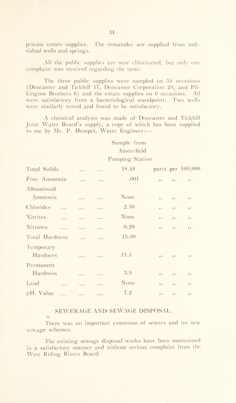 private estate supplies. 'I'he remainder are supplied from indi- vidual wells and spring's. All the public supplies are now chlorinated, but only one complaint was received regarding the taste. Idle three public supplies were sampled on hi occasions (Doncaster and d'ickhill 17, Doncaster Corporation !28, and Pil- kington Brothers G) and the estate supplies on G occasions. All were satisfactory from a bacteriological standpoint. d\vo wells were similarly tested and found to be satisfactory. A chemical analysis was made of Doncaster and ddckhill Joint Waiter Board’s supply, a copy of which has been supplied to me by Mr. P. Hempel, W'Mter Engineer — Total Solids Free Ammonia Albuminoid Ammonia Chlorides Nitrites N itrates d'otal Hardness dTmporary Hardness Permanent Hardness Lead pH. Value Sample from A usterfield Pumping Station 18.48 .001 None 2. .30 None 0.20 15.00 11.1 3.9 None 7.2 parts per 100,000 M 1 » ) > 1j y } yy y y y y y y y y y y y t y y y y m yy y y n y y yy yy y y yy y y SEW^ERAGE AND SEWWGE DISPOSAL. ■4. ddiere was no important extension of sewers and no new sewage schemes. The existing sewage disposal works have been maintained in a satisfactorv manner and without serious complaint from the WTst Riding Rivers Board.