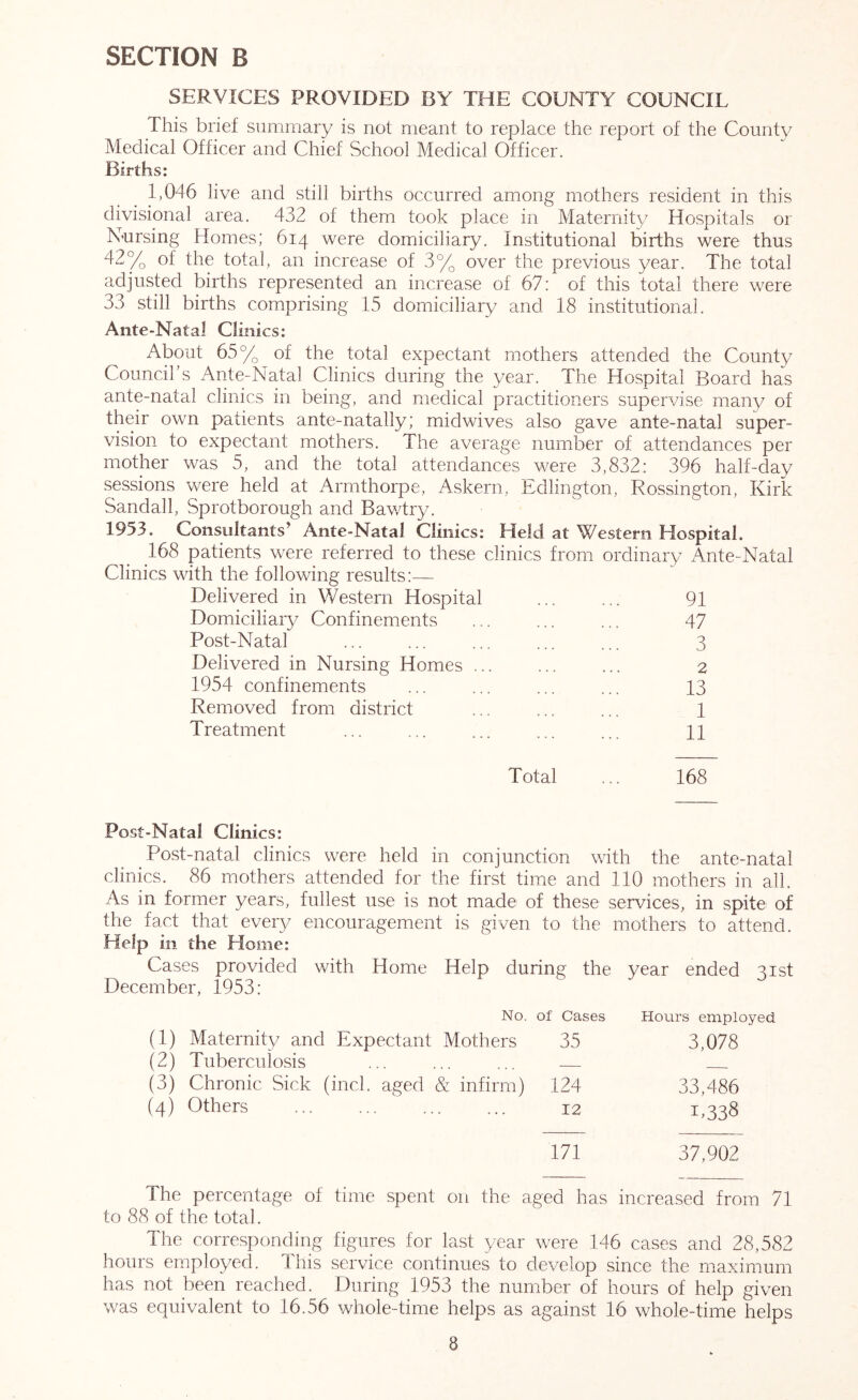 SERVICES PROVIDED BY THE COUNTY COUNCIL This brief summary is not meant to replace the report of the County Medical Officer and Chief School Medical Officer. Births: 1,046 live and still births occurred among mothers resident in this divisional area. 432 of them took place in Maternity Hospitals or Nursing Homes; 614 were domiciliary. Institutional births were thus 42% of the total, an increase of 3% over the previous year. The total adjusted births represented an increase of 67; of this total there were 33 still births comprising 15 domiciliary and 18 institutional. Ante-Natal Climes: About 65% of the total expectant mothers attended the County Council’s xA.nte-Natal Clinics during the year. The Hospital Board has ante-natal clinics in being, and medical practitioners supervise many of their own patients ante-natally; midwives also gave ante-natal super- vision to expectant mothers. The average number of attendances per mother was 5, and the total attendances were 3,832: 396 half-day sessions were held at Arrnthorpe, Askern, Edlington, Rossington, Kirk Sandall, Sprotborough and Bav/try. 1953. Consultants’ Ante-Natal Clinics: Held at Western Hospital. 168 patients were referred to these clinics from ordinary Ante-Natal Clinics with the following results:— Delivered in Western Hospital Domiciliary Confinements Post-Natal Delivered in Nursing Homes ... 1954 confinements Removed from district Treatment 91 47 3 2 13 1 11 Total ... 168 Post-Natal Clinics; Post-natal clinics were held in conjunction with the ante-natal clinics. 86 mothers attended for the first time and 110 mothers in all. As in former years, fullest use is not made of these services, in spite of the fact that every encouragement is given to the mothers to attend. Help in the Home: Cases provided with Home Help during the year ended 21st December, 1953: No. of Cases Hours employed (1) Maternity and Expectant Mothers 35 3,078 (2) Tuberculosis (3) Chronic Sick (inch aged & infirm) 124 33,486 (4) Others 12 1.338 171 37,902 The percentage of time spent on the aged has increased from 71 to 88 of the total. The corresponding figures for last year were 146 cases and 28,582 hours employed. This service continues to develop since the maximum has not been reached. During 1953 the number of hours of help given was equivalent to 16.56 whole-time helps as against 16 whole-time helps
