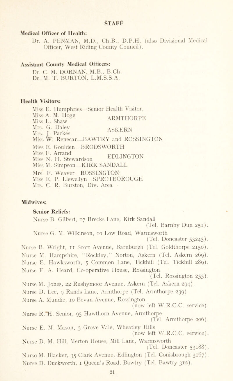 STAFF Medical Officer of Health: Dr. A. PEN’MAN, M.D., Ch.B., D.P.H. (also Divisional Medical Officer, West Riding County Council). Assistant County Medical Officers: Dr. C. M. DORNAN, M.B., B.Ch. Dr. M. T. BURTON, L.M.S.S.A. Health Visitors: Miss E. Humphries—Senior Health Visitor. ARMTHORPE Miss A. M. Hogg Miss L. Shaw Mrs. G. Daley Mrs. J. Parkes Miss W. Renecar—BAWTRY and ROSSINGTON ASKERN Miss E. Goulden—BRODSWORTH Miss F. Arrand Miss N. H. Stewardson EDLINGTON Miss M. Simpson—KIRK SAND ALL Mrs. F. Weaver—ROSSINGTON Miss E. P. Llewellyn—SPROTBOROUGH Mrs. C. R. Burston, Div. Area Mid wives: Senior Reliefs: Nurse B. Gilbert, 17 Brecks Lane, Kirk Sandall (Tel. Barnby Dun 251). Nurse G. M. Wilkinson, 10 Low Road, Warmsworth (Tel. Doncaster 53245). Nurse B. Wright, ii Scott Avenue, Barnburgh (Tel. Goldthorpe 2150). Nurse M. Hampshire, '‘Rockley,” Norton, Askern (Tel. Askern 269). Nurse E. Hawksworth, 5 Common Lane, Tickhill (Tel. Tickhill 289). Nurse F. A. Heard, Co-operative House, Rossington (Tel. Rossington 255). Nurse M. Jones, 22 Rushymoor Avenue, Askern (Tel. Askern 294). Nurse D. Lee, 9 Rands Lane, Armthorpe (Tel. Armthorpe 239). Nurse A. Mundie, 10 Bevan Avenue, Rossington (now left W.R.C.C. service). Nurse R.MT. Senior, 95 Hawthorn Avenue, Armthorpe (Tel. Armthorpe 206). Nurse E. M. Mason, 5 Grove Vale, Wheatley Hills (now left V/.R.C C service). Nurse D. M. Hill, Merton House, Mill Lane, Warmsworth (Tel. Doncaster 53188). Nurse M. Blacker, 35 Clark Avenue, Edlington (Tel. Conisbrough 3167). Nurse D. Duckworth, i Queen’s Road, Bawtry (Tel. Bawtry 312).