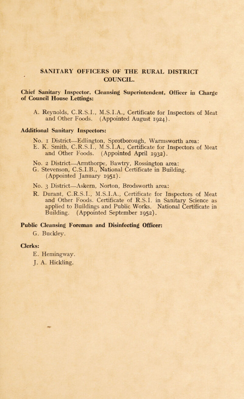 SANITARY OFFICERS OF THE RURAL DISTRICT COUNCIL. Chief Sanitary Inspector, Cleansing Superintendent, Officer in Charge of Council House Lettings: A. Reynolds, C.R.S.L, M.S.I.A., Certificate for Inspectors of Meat and Other Foods. (Appointed August 1924), Additional Sanitary Inspectors: No. I District—Edlington, Sprotborough, Warmsworth area: E. K. Smith, C.R.S.L, M.S.I.A., Certificate for Inspectors of Meat and Other Foods. (Appointed April 1932). No. 2 District—Armthorpe, Bawtty, Rossington area: G. Stevenson, C.S.I.B,, National Certificate in Building. (Appointed January 1951). No. 3 District—Askern, Norton, Brodsworth area: R. Durant, C.R.S.L, M.S.I.A., Certificate for Inspectors of Meat and Other Foods. Certificate of R.S.I. in Sanitary Science as applied to Buildings and Public Works. National Certificate in Building. (Appointed September 1952). Public Cleansing Foreman and Disinfecting Officer: G. Buckley. Clerks: E. Hemingway. J. A. Hickling.
